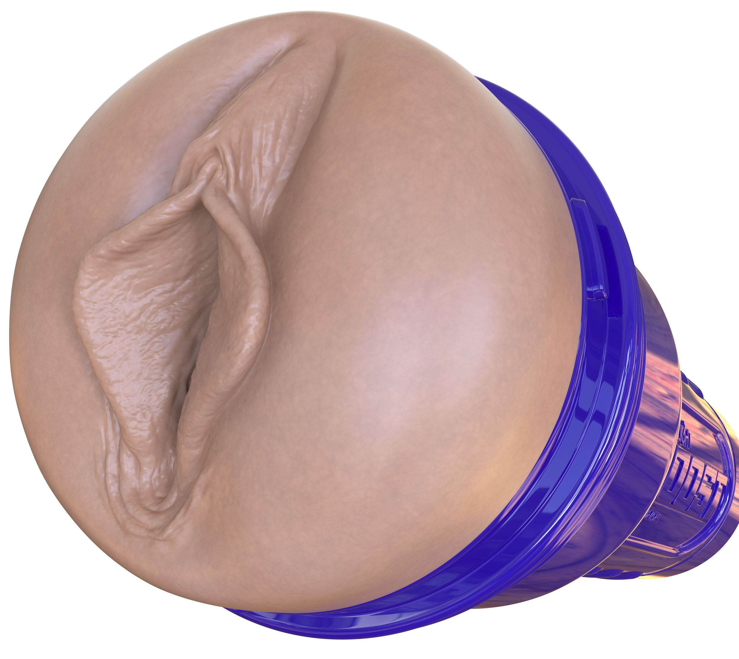 Ein fleischfarbenes, strukturiertes Objekt mit blauem Rand, das einer stilisierten Vulva ähnelt. Der Hintergrund ist weiß.