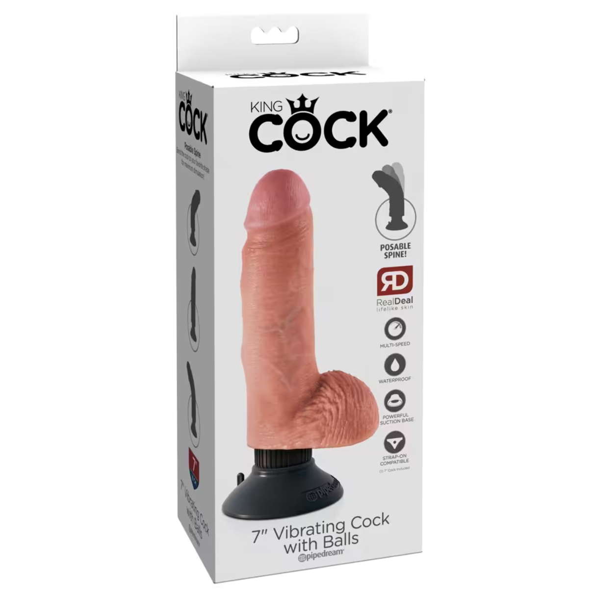 Verpacktes Sexspielzeug. Ein fleischfarbener Dildo mit schwarzem Sockel. Auf der Schachtel steht 'King Cock' und '7" Vibrating Cock with Balls'.