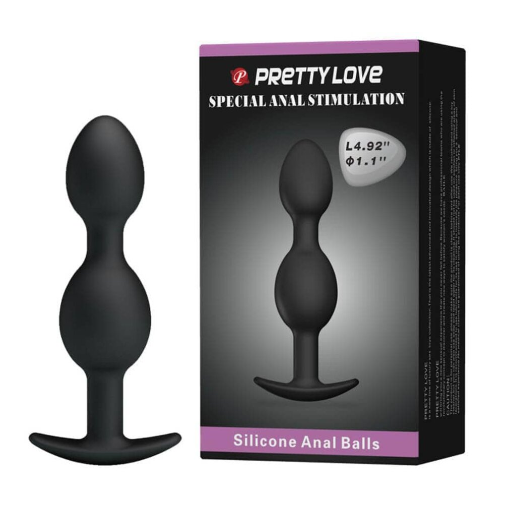 Schwarzer Silikon-Anus-Plug neben einer Schachtel mit Produktinformationen. Auf der Schachtel steht 'PRETTY LOVE' und 'Silicone Anal Balls'.