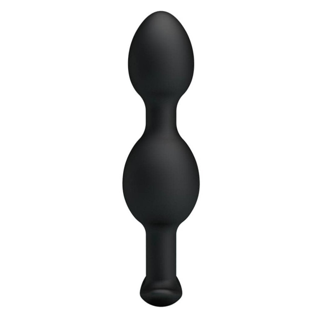 Ein schwarzes Sexspielzeug. Es hat eine abgerundete Oberseite, einen schmalen Hals, einen größeren Mittelteil und eine ausgestellte Basis. Der Hintergrund ist weiß.