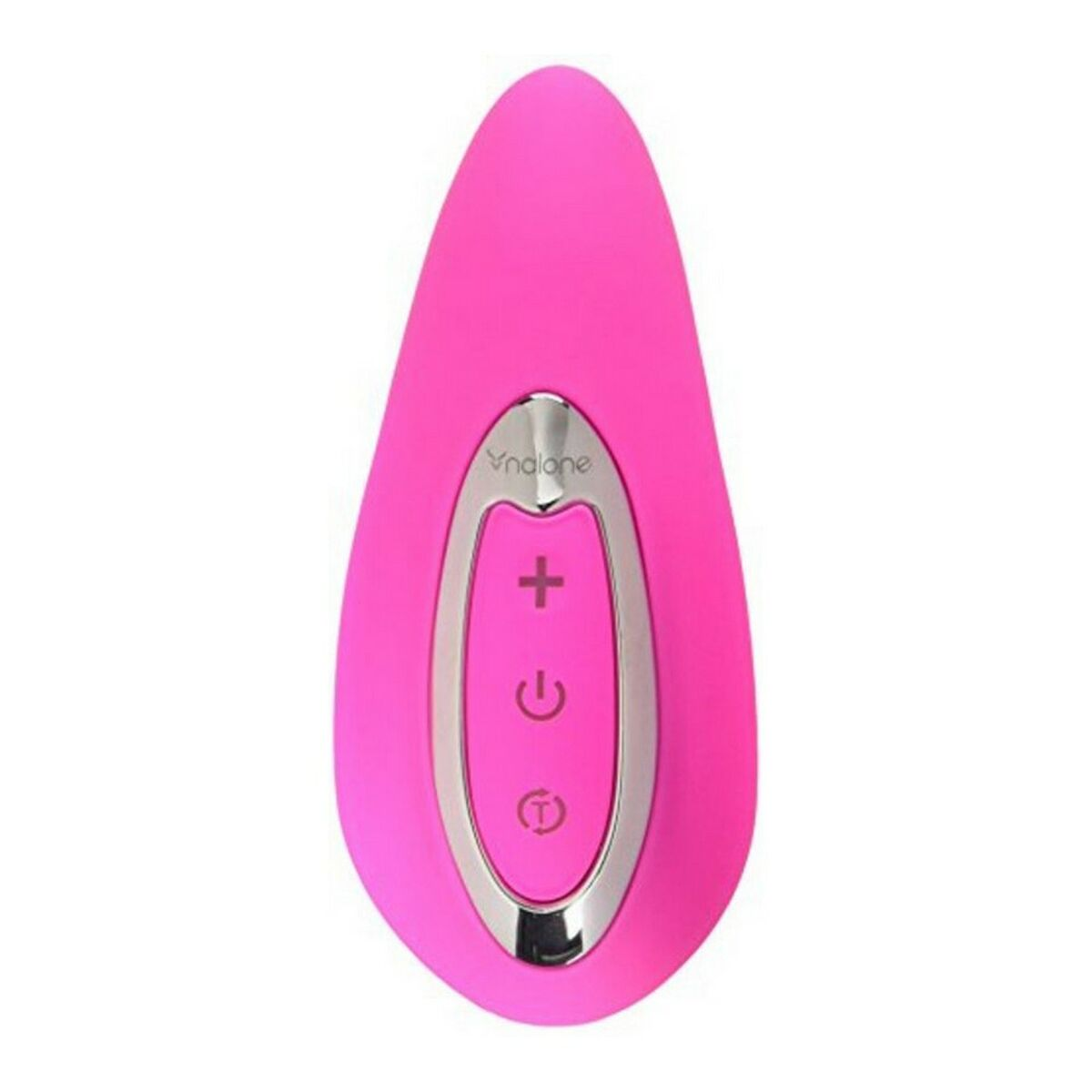 Un juguete sexual rosa con forma de lágrima. Tiene botones para encendido, intensidad y temporizador. Un marco plateado rodea los botones.