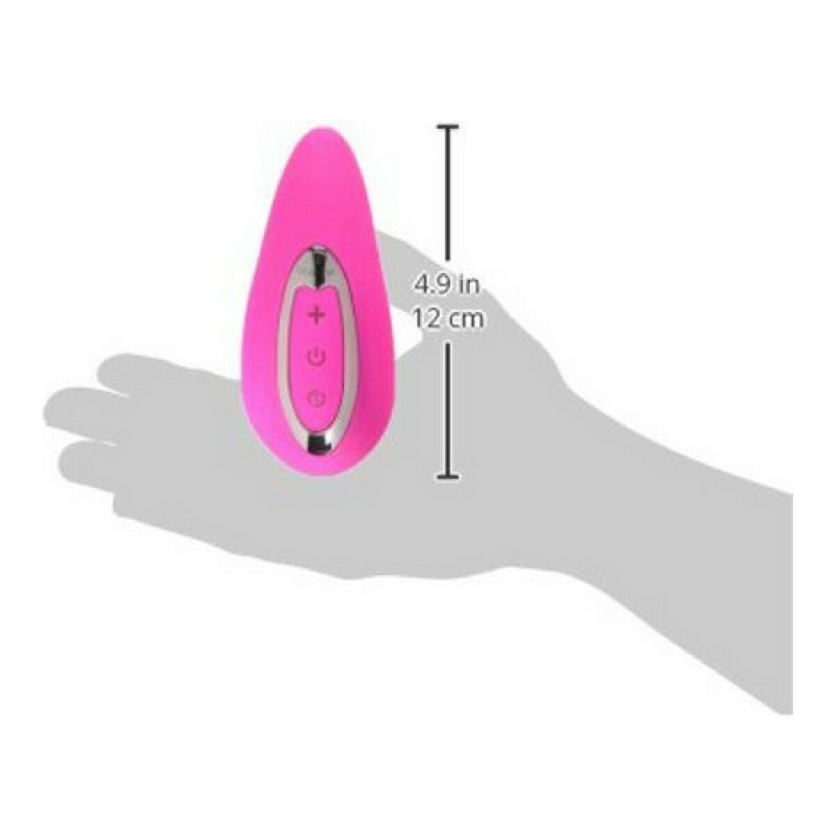 Un juguete sexual rosa se sostiene en una mano. Tiene botones y un borde plateado. El tamaño se indica como 4,9 pulgadas y 12 cm.