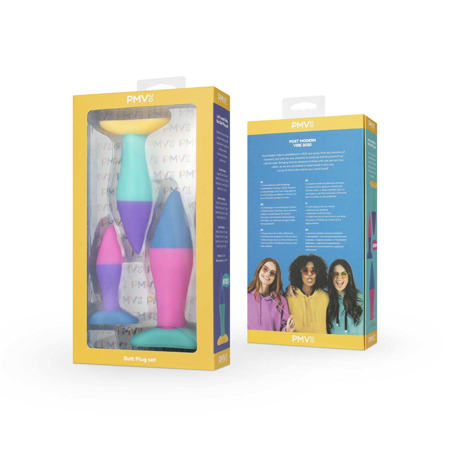 Verpacktes Set mit drei unterschiedlich großen und farbigen Analplugs. Die Box enthält Produktdetails und Bilder.