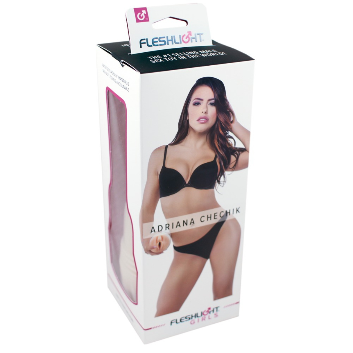 Schachtel mit Fleshlight-Produkt mit einem Bild von Adriana Chechik in Dessous. Die Schachtel zeigt das Produkt und Text.