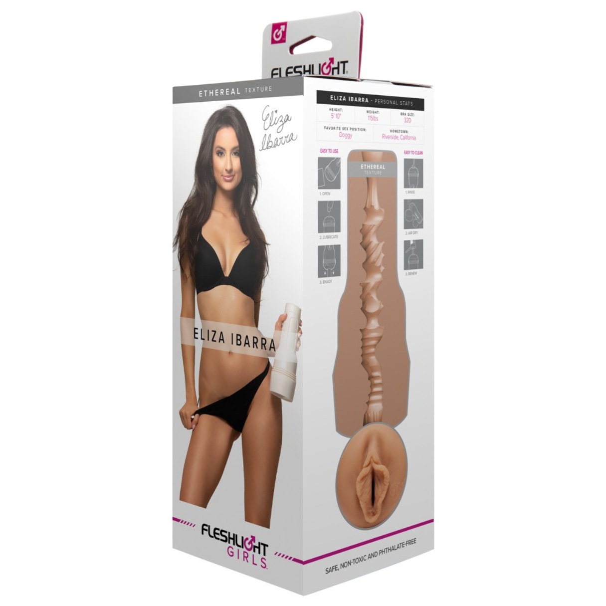 Schachtel mit einer Frau und einem Fleshlight-Produkt. Die Frau trägt Dessous und hält das Produkt.