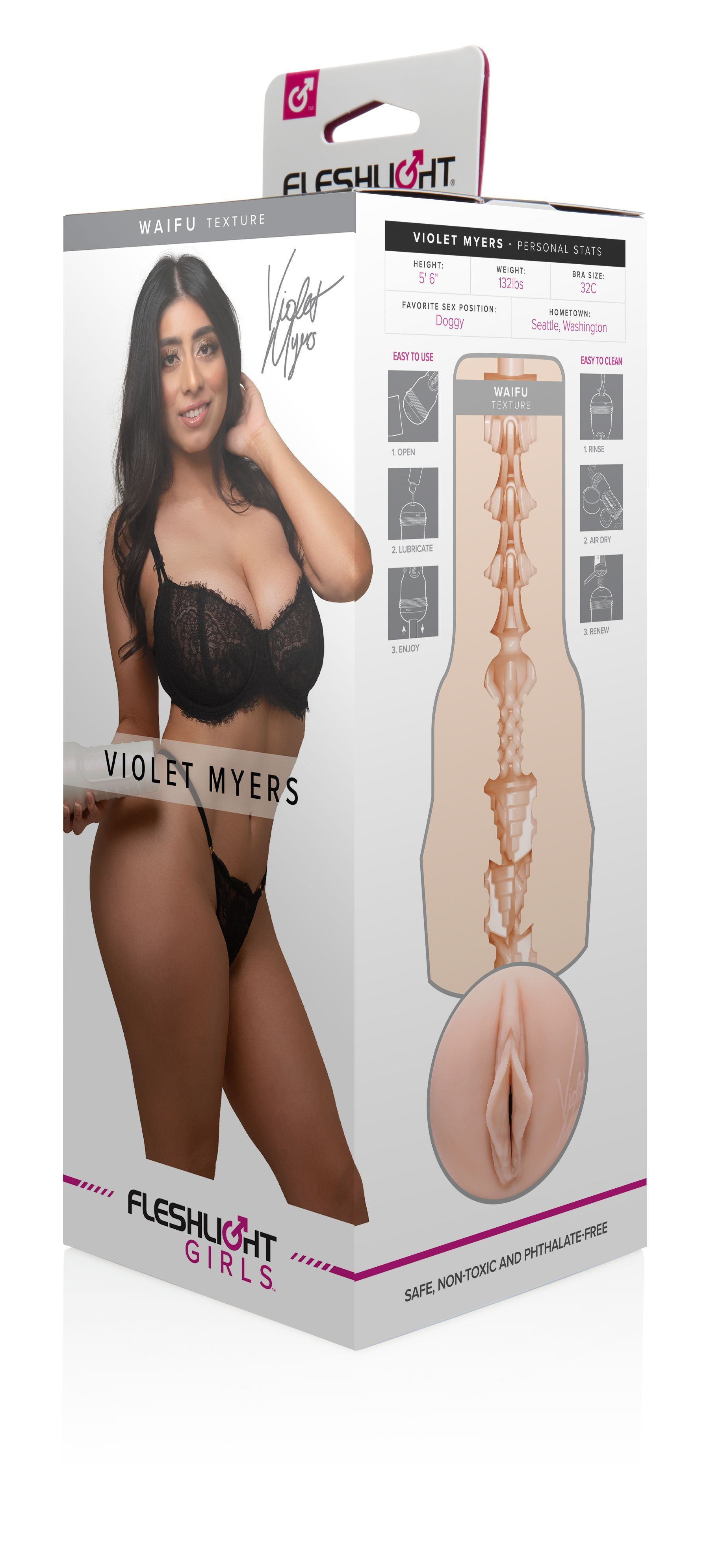 Auf der Verpackung sind eine Frau, eine Produktillustration und Text zu sehen. Das Produkt ist ein Fleshlight, ein Sexspielzeug. Die Frau lächelt.