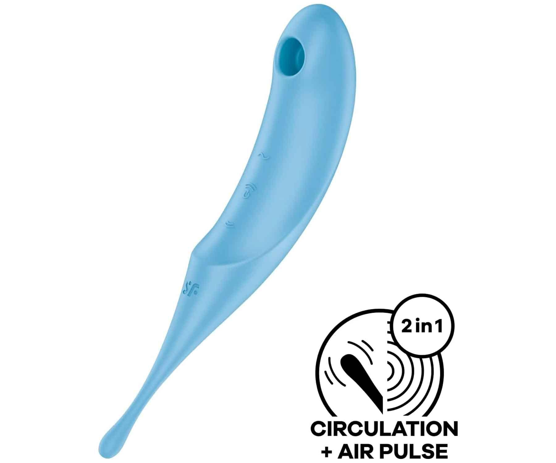 Un juguete sexual curvo azul claro con un agujero. Un gráfico en blanco y negro que dice 'Circulación + Air Pulse'.