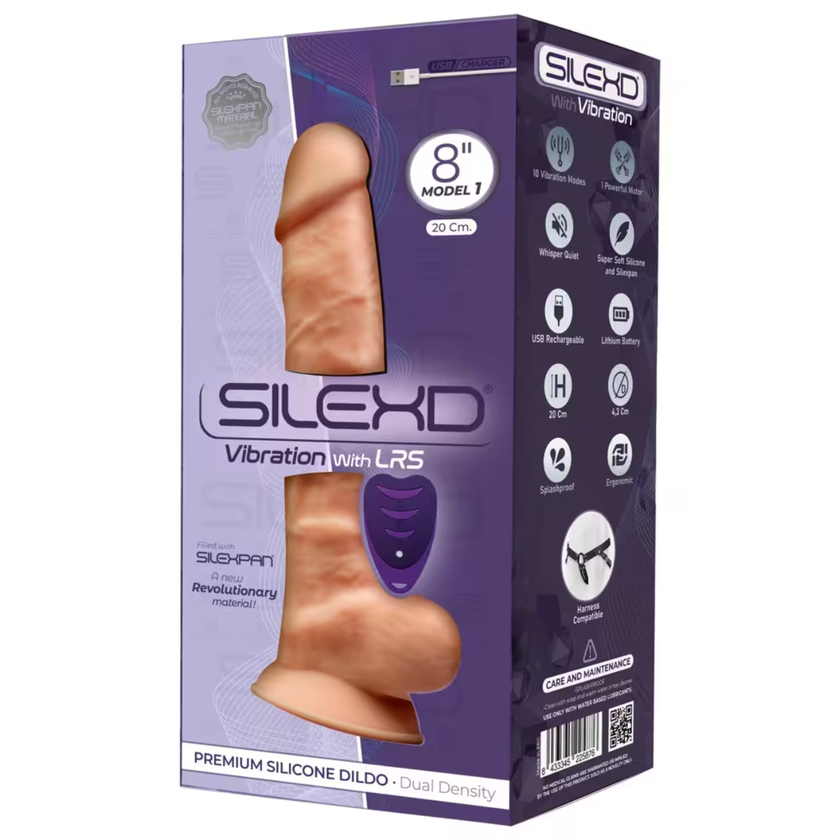 Eine Produktbox mit einem Silikon-Dildo. Merkmale umfassen Modellgröße, Vibrationsmodi und Materialdetails.