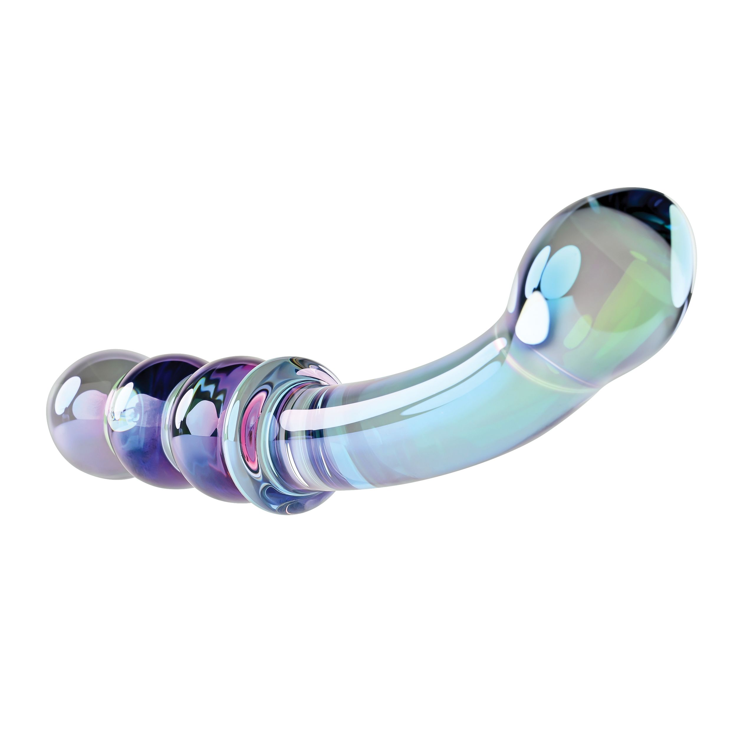 Ein durchsichtiges Sexspielzeug aus Glas mit gebogenem Kopf und einer Reihe von Kugeln. Es hat lila und rosa Farbtöne.