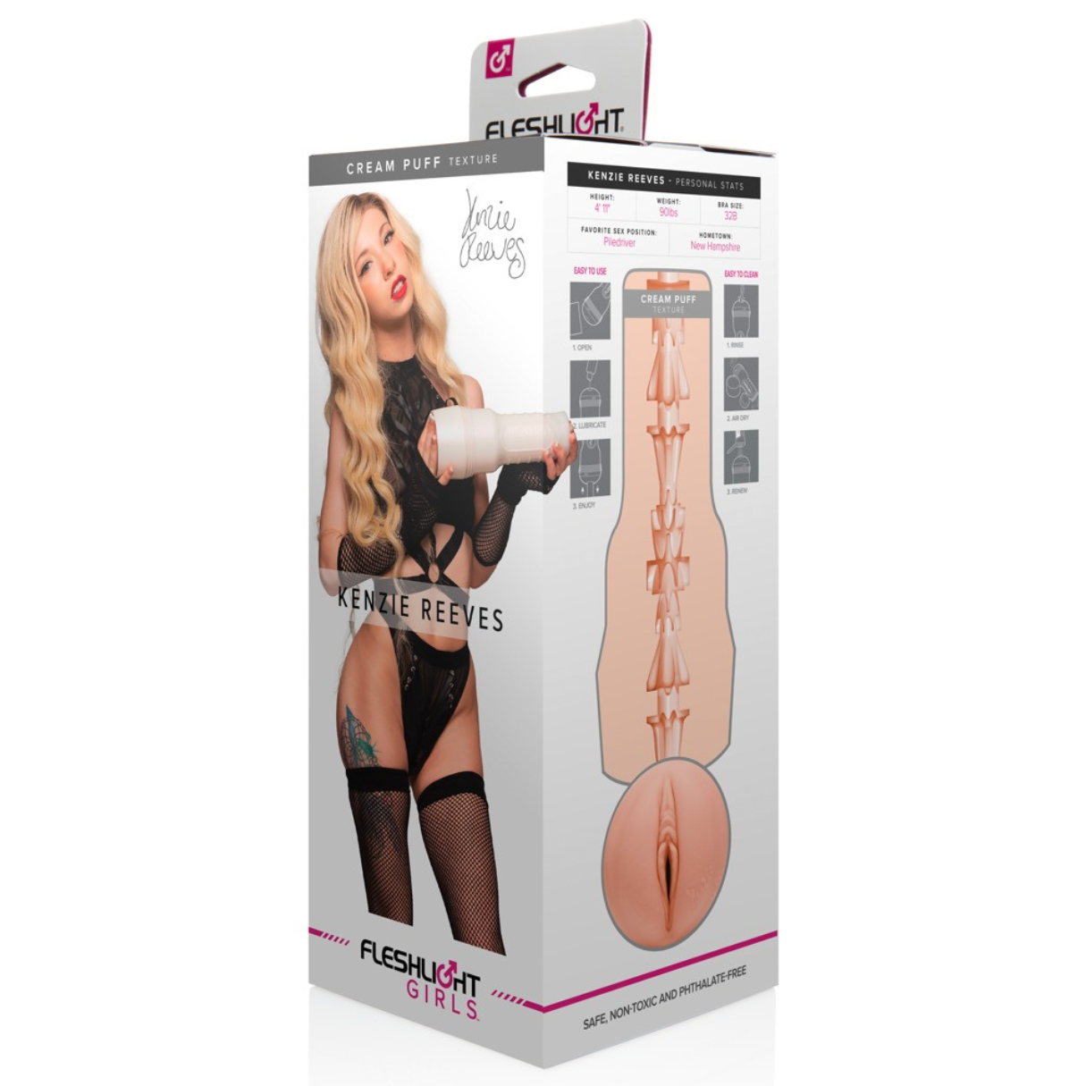 Box-Art zeigt eine Frau, die ein Fleshlight hält. Text enthält Produktinformationen und den Namen der Frau.