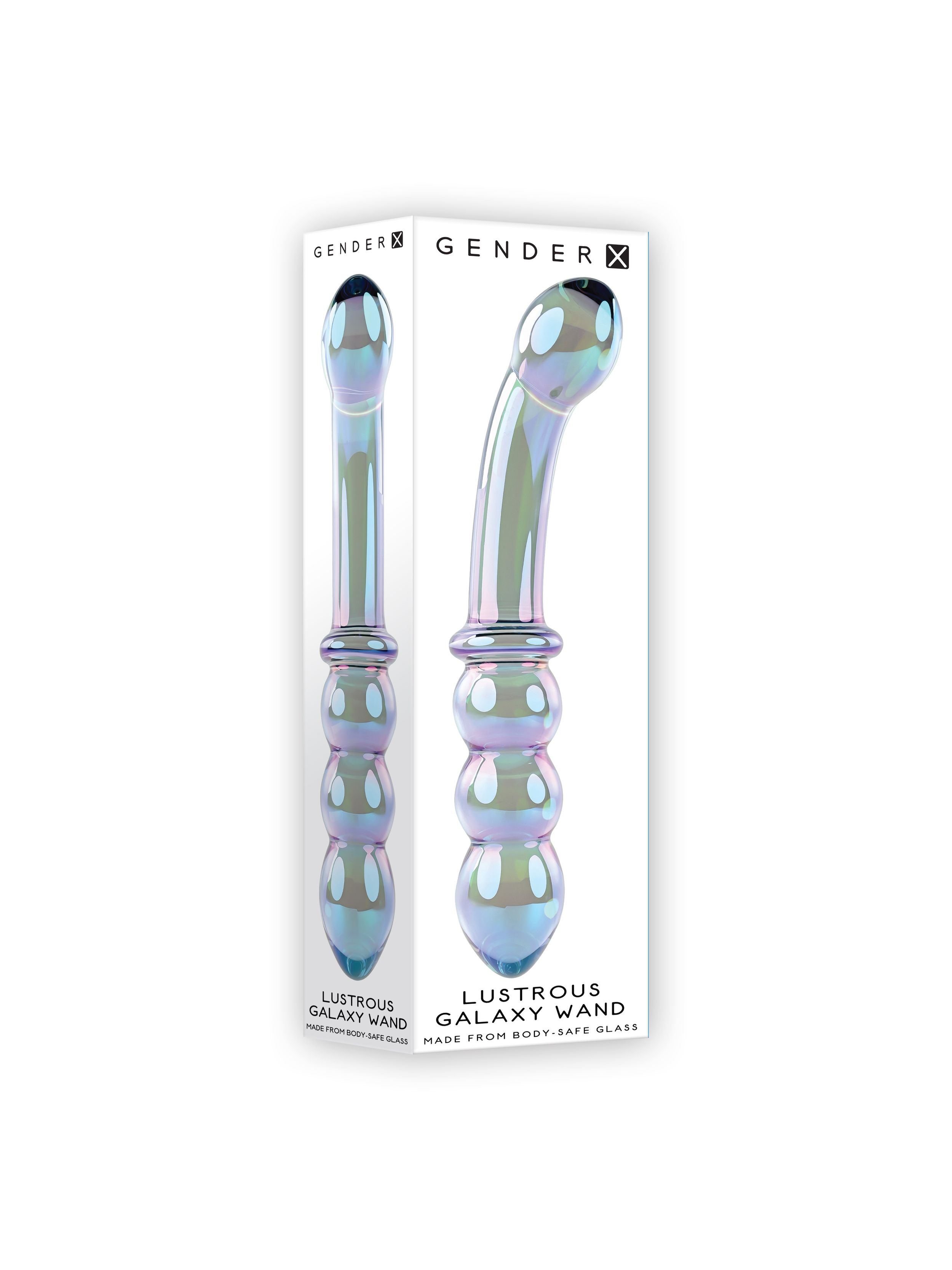 Das Bild zeigt eine Produktverpackung mit zwei Glasstäben. Die Stäbe sind schillernd und haben ein bauchiges Design.