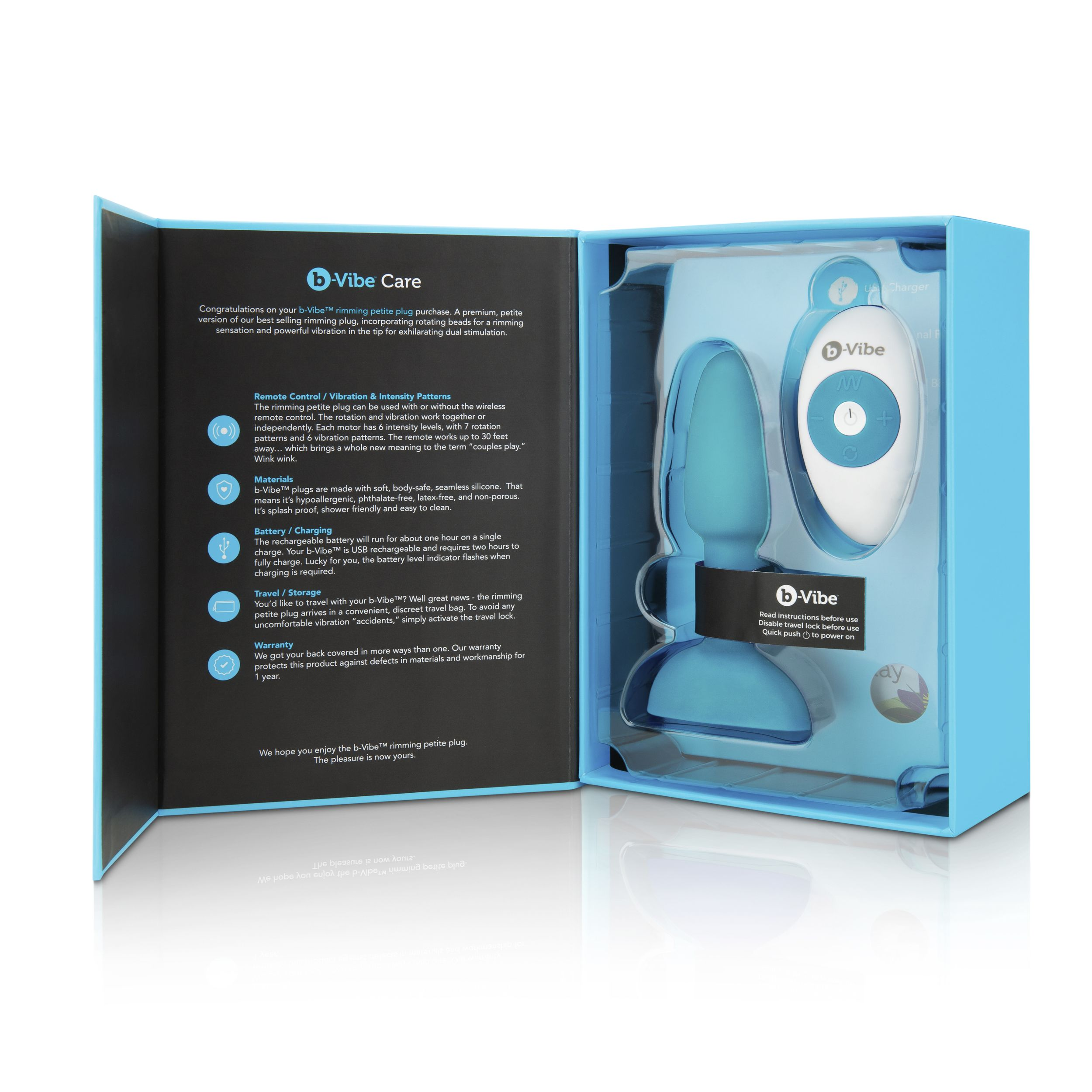 Offene blaue Box mit Sexspielzeug und Fernbedienung. Text beschreibt Funktionen und Vorteile des Produkts.