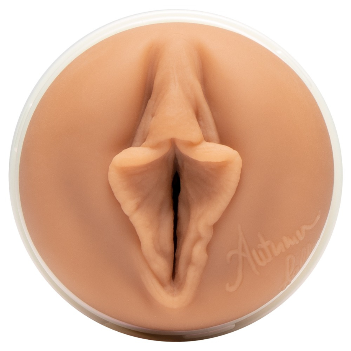 Nahaufnahme eines fleischfarbenen, geformten Silikongeräts, das einer Vulva ähnelt. Es ist in einem weißen Rand mit dem Namen 'Autumn Falls' versehen.