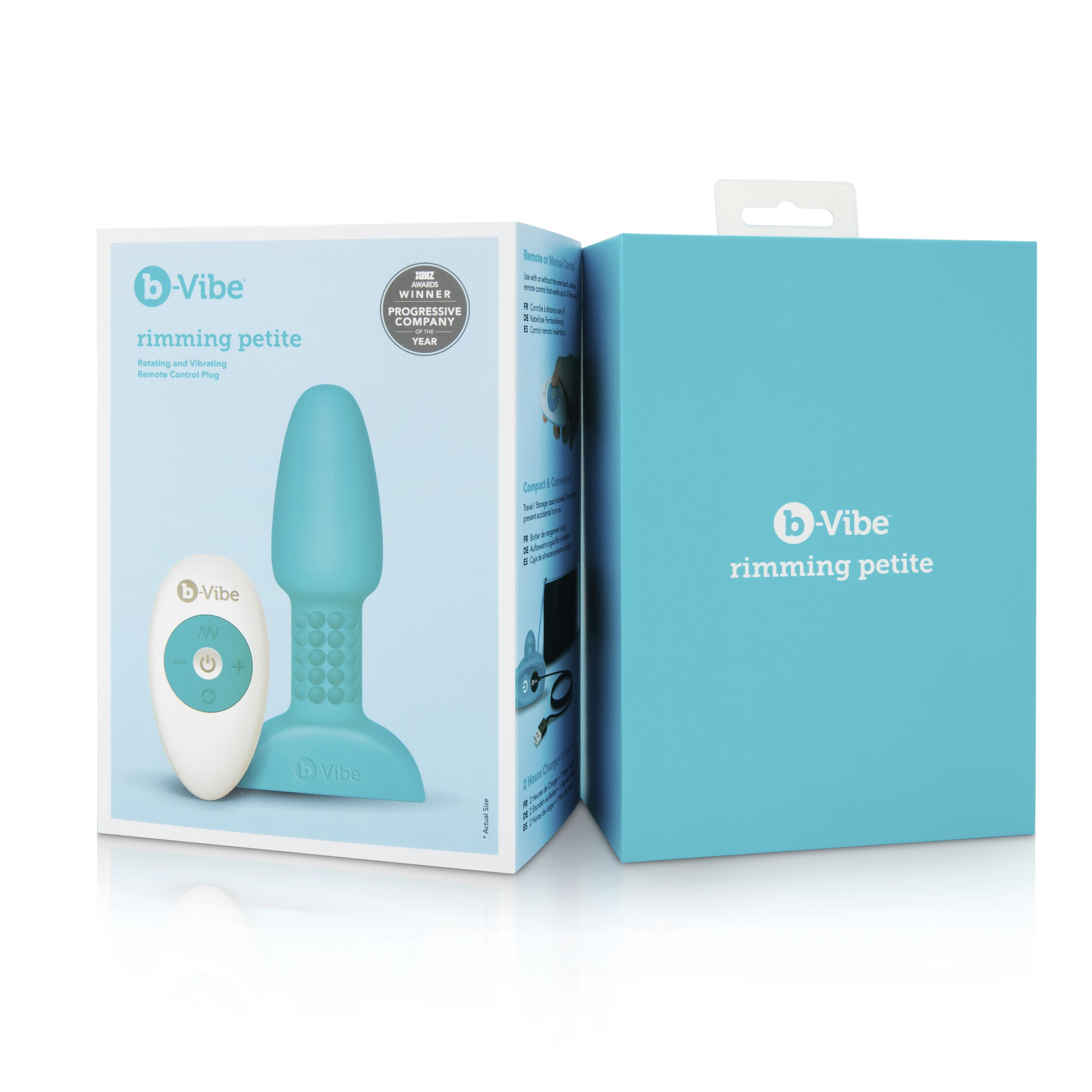 Produktbox mit türkisem Vibrator und Fernbedienung auf weißem Hintergrund.