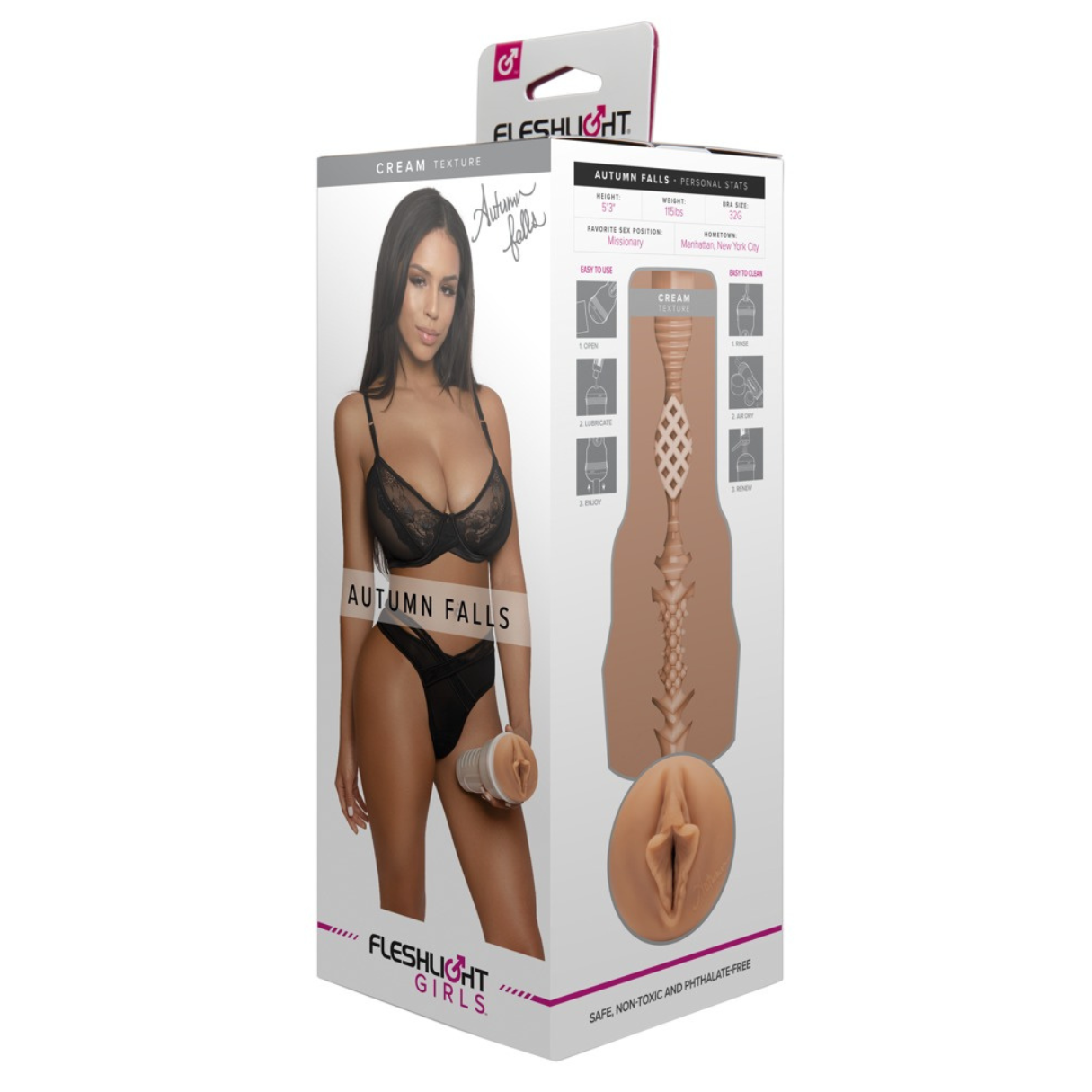Eine Frau hält eine Fleshlight-Box. Die Box zeigt eine Frau in Dessous, Produktdetails und Anweisungen.