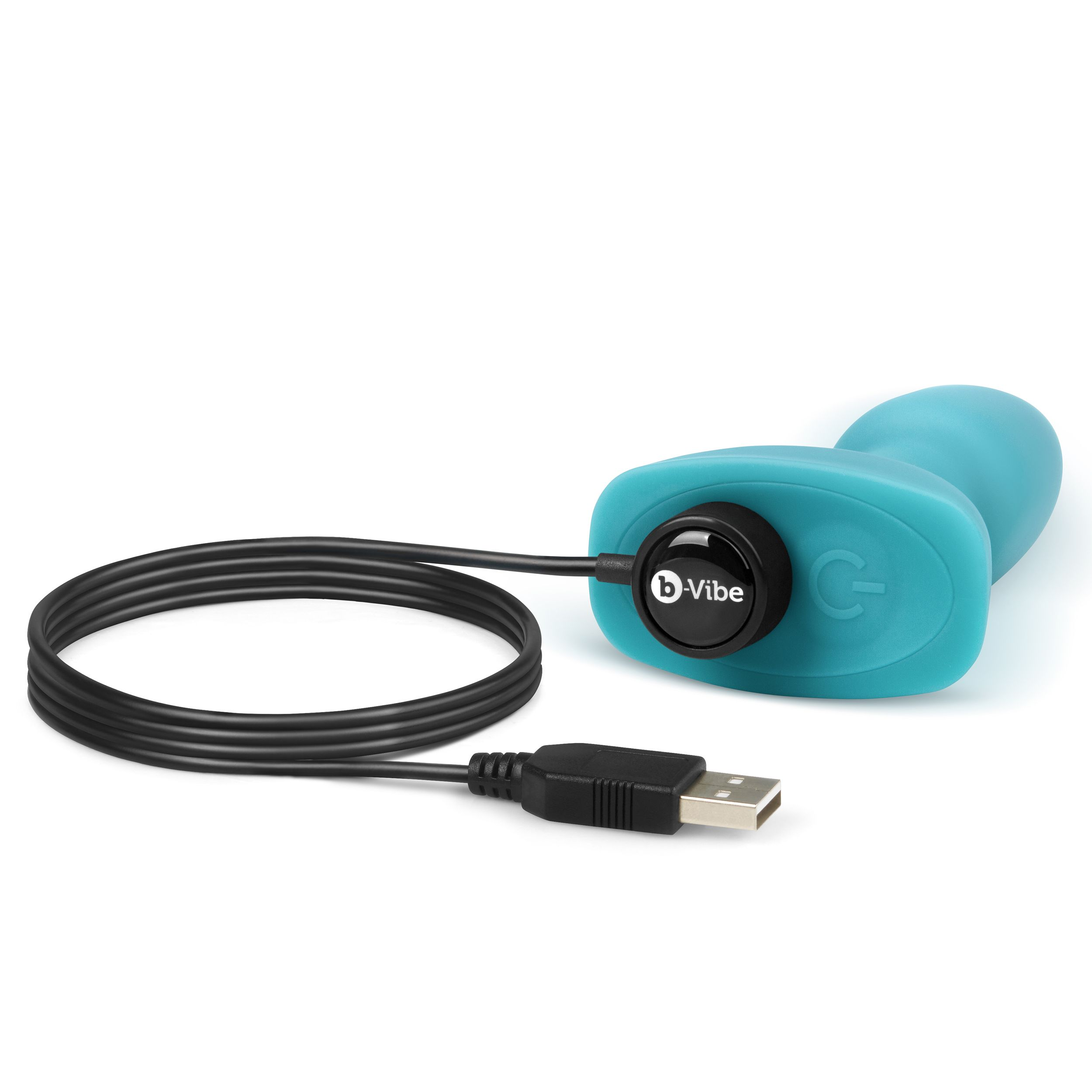 Ein türkisfarbenes Sexspielzeug mit schwarzem Power-Knopf, verbunden mit einem schwarzen USB-Kabel. Weißer Hintergrund.