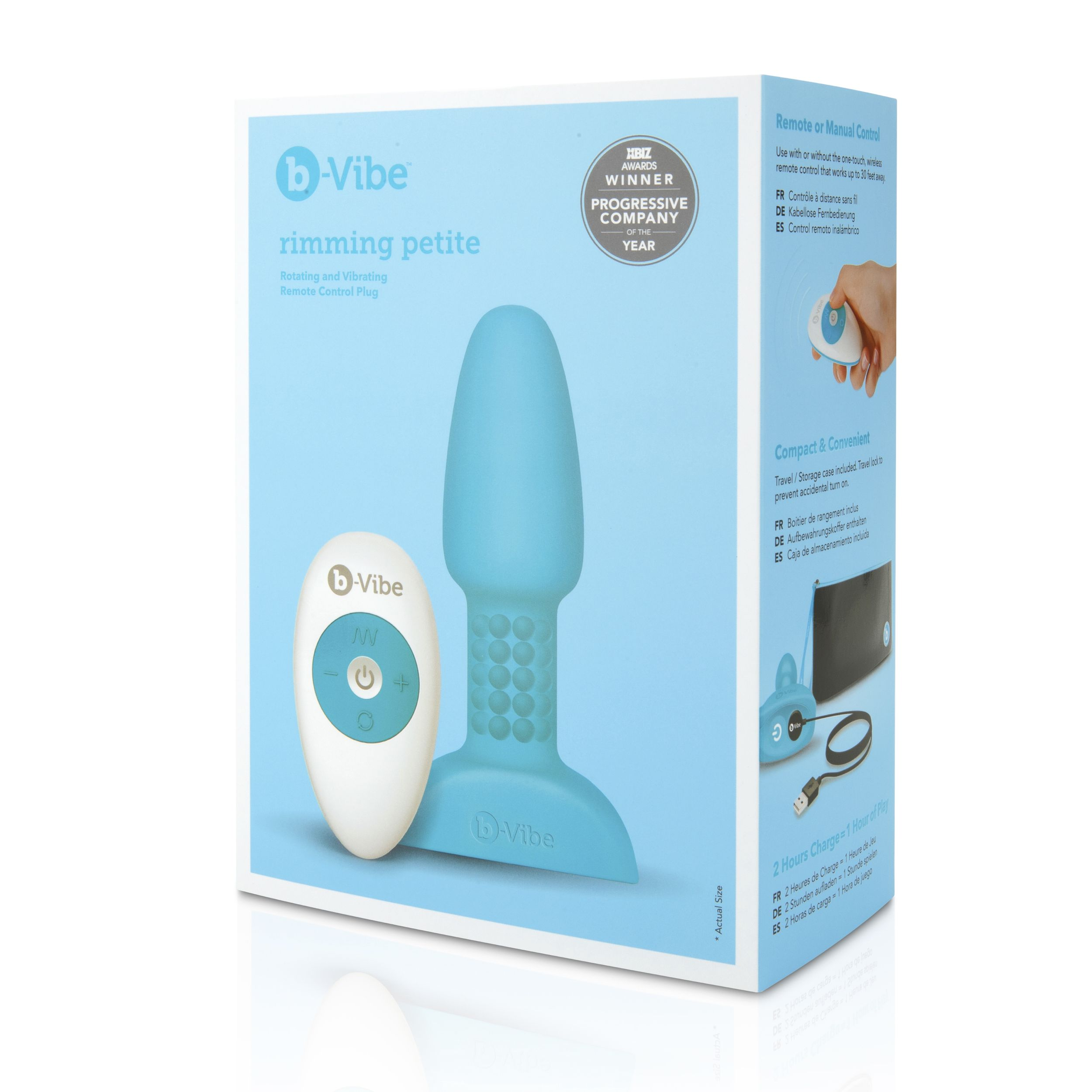 Box mit blauem Sexspielzeug und Fernbedienung. Text: rimming petite, Fernbedienungs-Plug. Gewinner des Progressive Company of the Year Award.