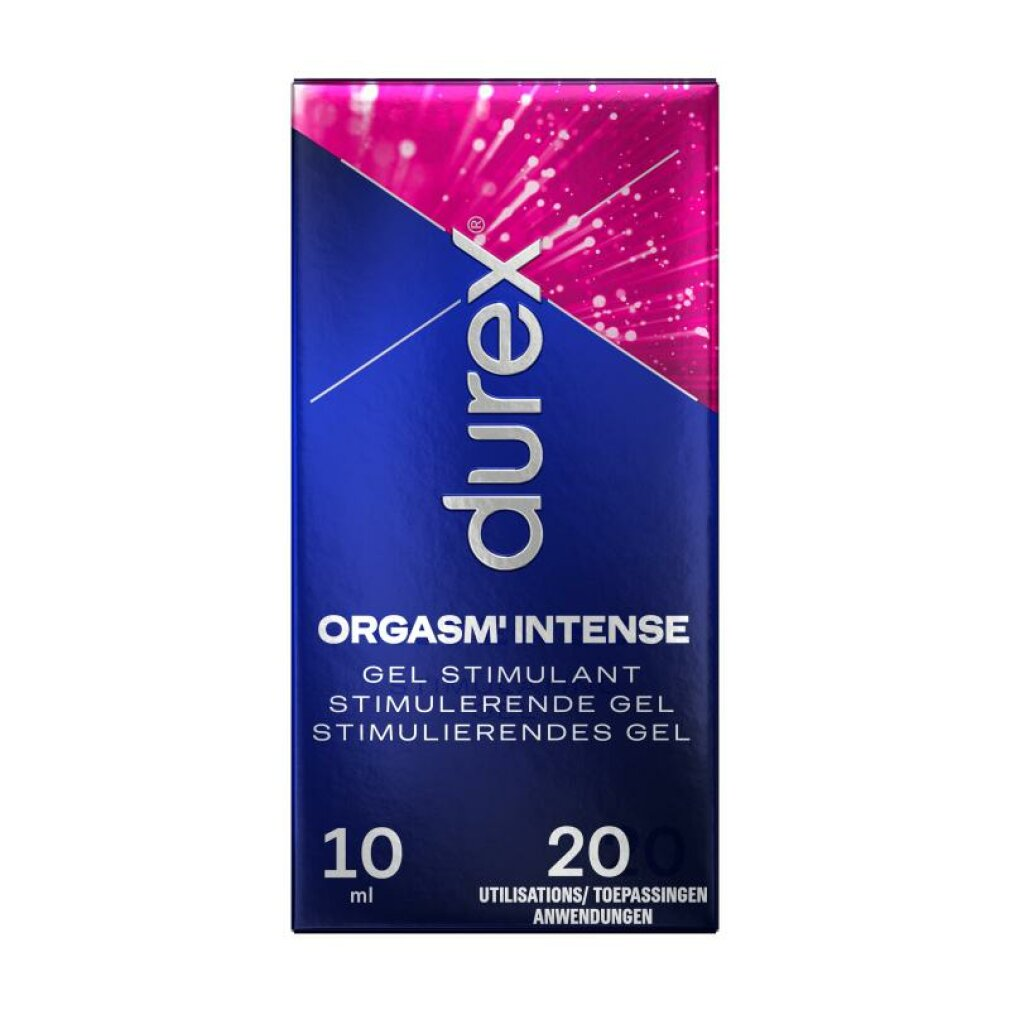 Eine Durex-Box mit der Aufschrift 'Orgasm Intense'. Sie enthält 10 ml und 20 Anwendungen eines Gel-Stimulans.