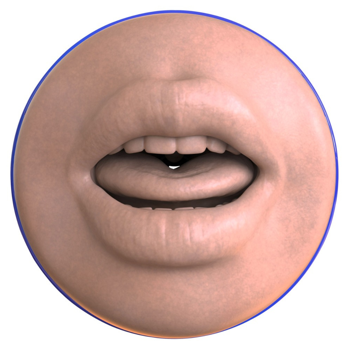 Nahaufnahme eines Gesichts mit geöffnetem Mund und herausgestreckter Zunge. Die Lippen sind fleischig und die Haut ist hell. Ein blauer Kreis umgibt das Gesicht.