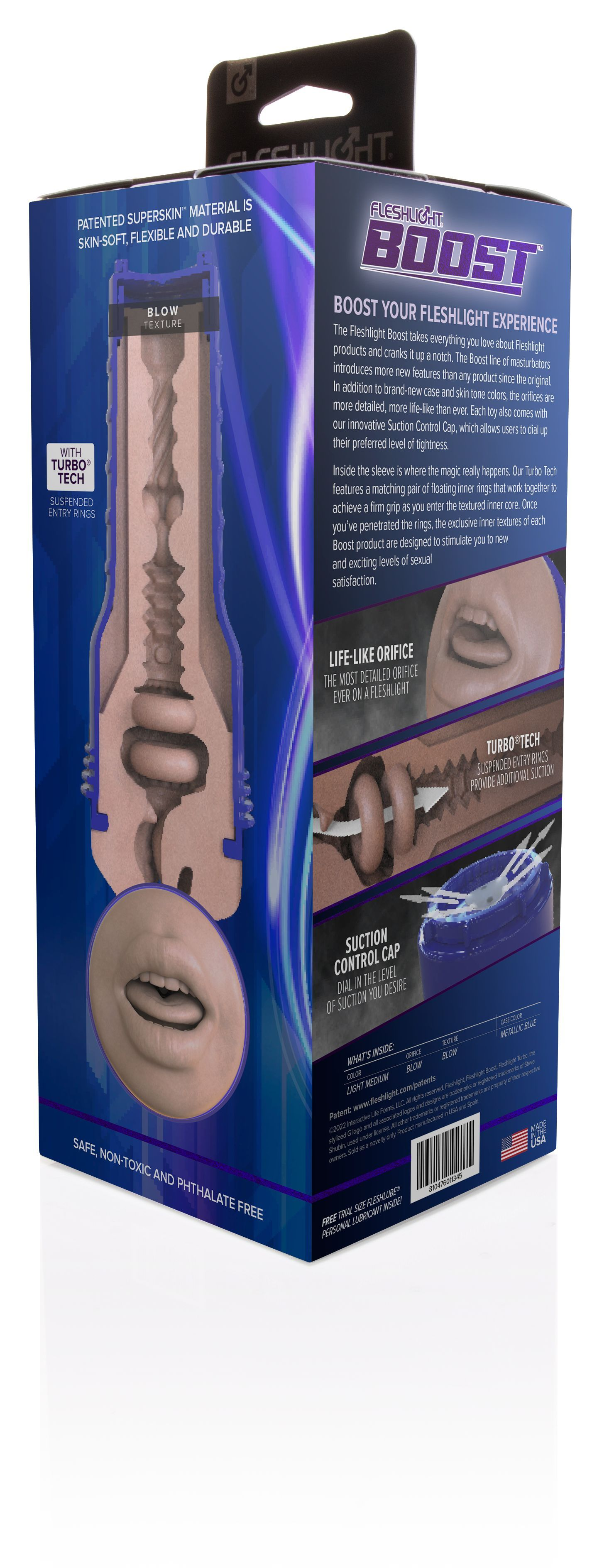 Fleshlight Boost Box. Enthält Produktbilder, Text und Funktionen. Enthält eine Nahaufnahme eines Mundes und einen blauen Saugverschluss.