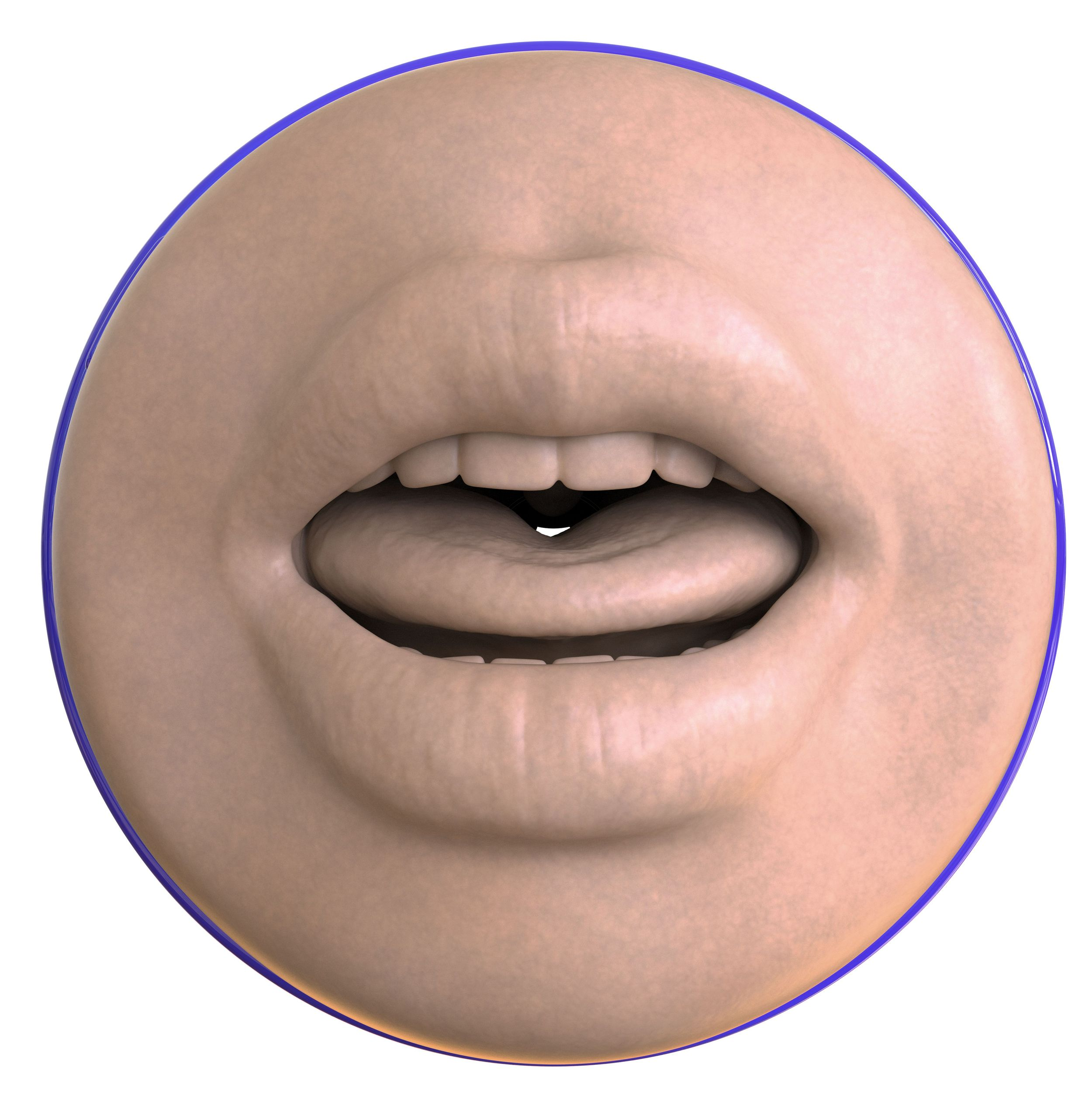 Nahaufnahme eines menschlichen Mundes in einem Kreis. Die Zunge ist draußen. Lippen und Haut sind fleischfarben.