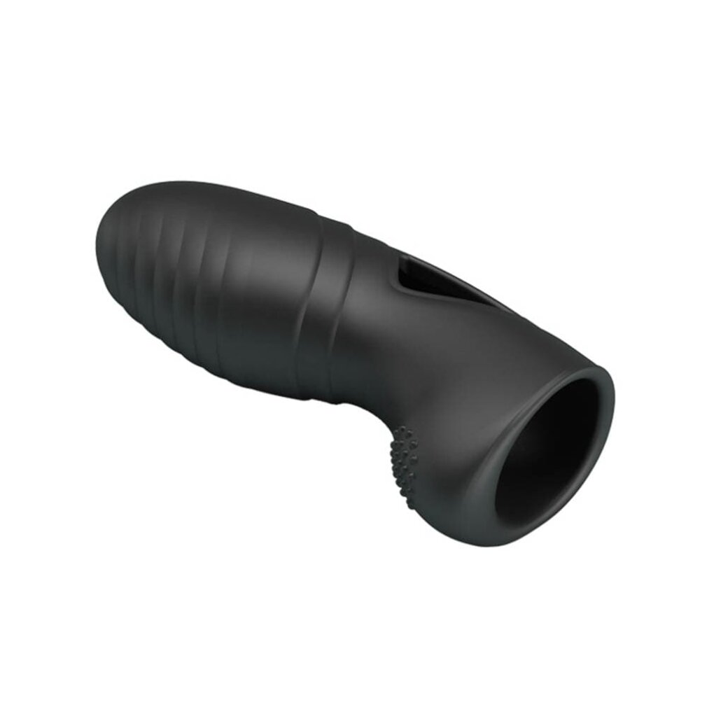 Un juguete sexual negro, con la parte superior acanalada y forma curva. Tiene un agujero en el lado y una punta texturizada.