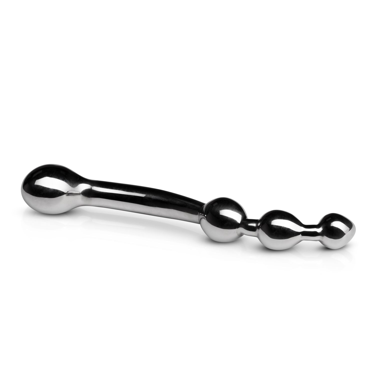 Ein metallischer Analknopf mit Griff und drei kugelförmigen Perlen. Er liegt auf einer weißen Oberfläche mit Schatten.