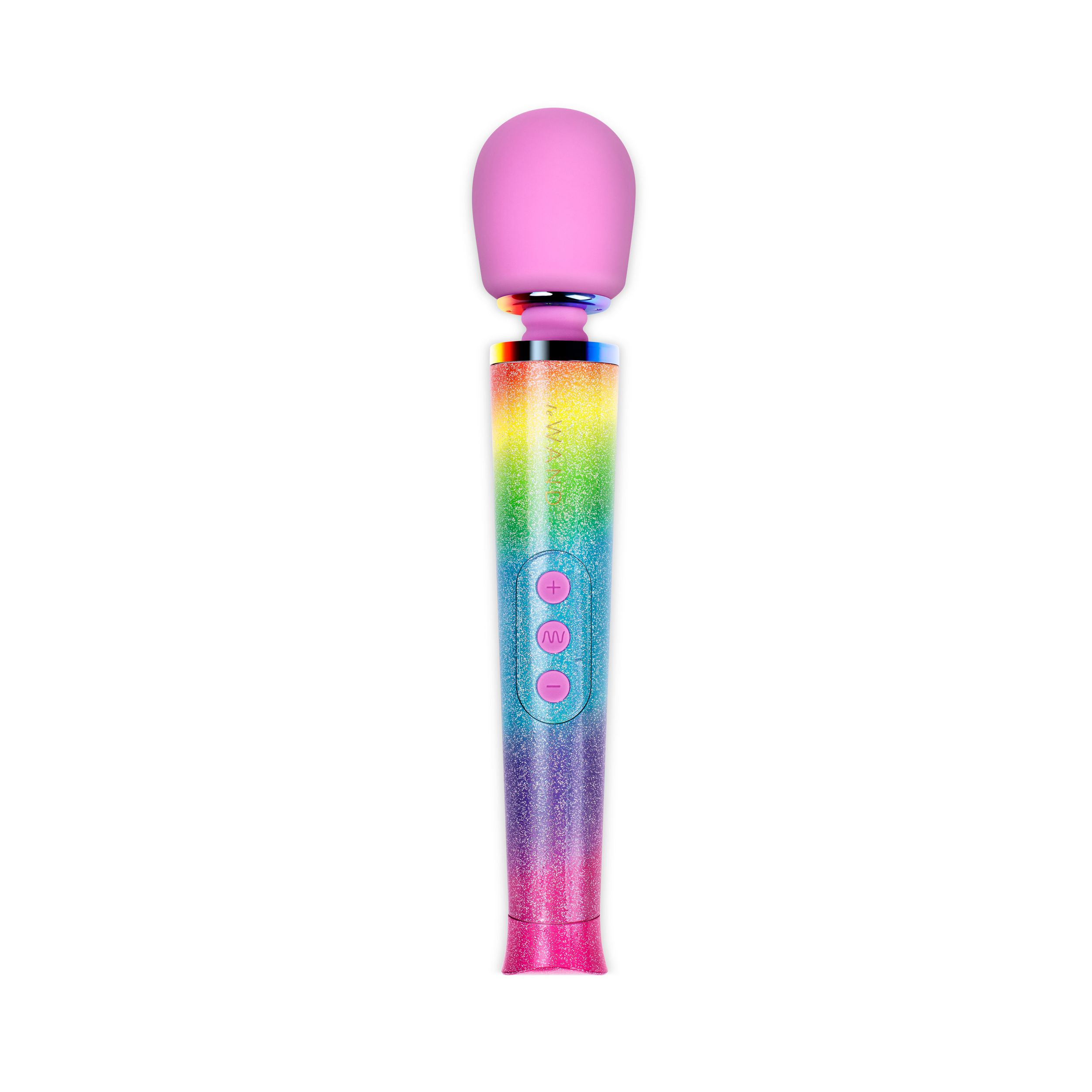 Ein Vibratorstab mit rosa Kopf und Regenbogen-Glitzergriff. Plus-, Minus- und Wellentasten sind sichtbar.