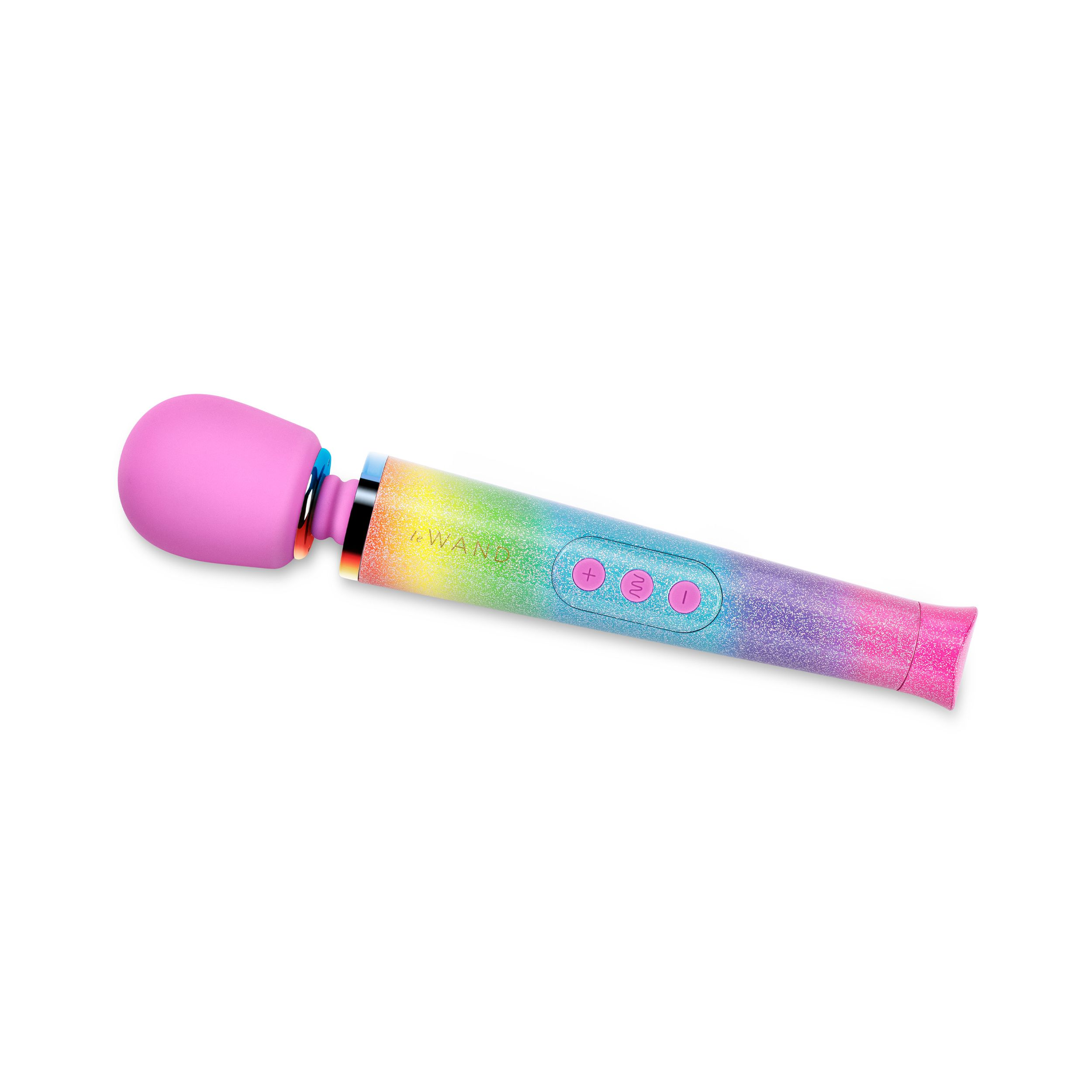 Ein farbenfroher Vibrator mit pinkfarbenem Kopf, Regenbogenschaft und Bedienelementen auf weißem Hintergrund.