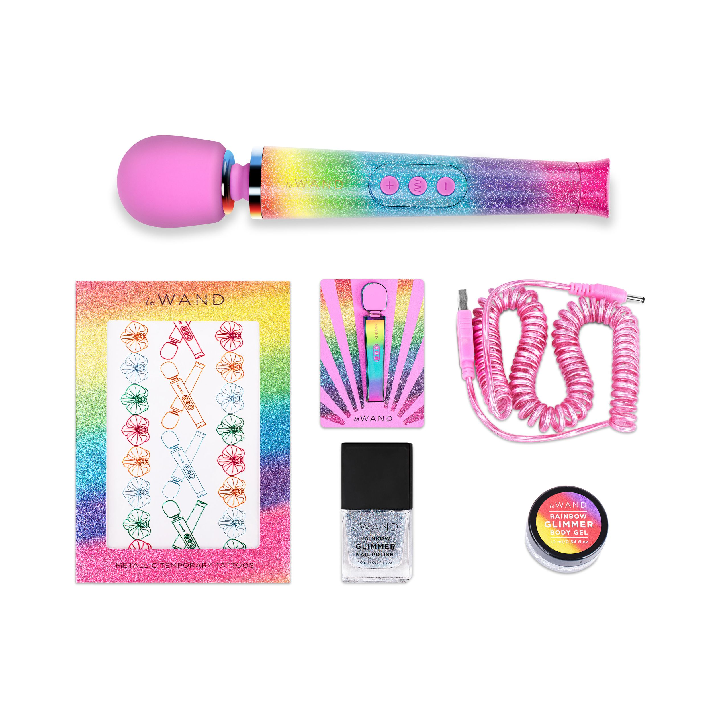 Das Bild zeigt einen Vibrator, Nagellack, Körpergel, temporäre Tattoos und ein Ladekabel. Alle Artikel sind im Regenbogen-Thema gehalten.