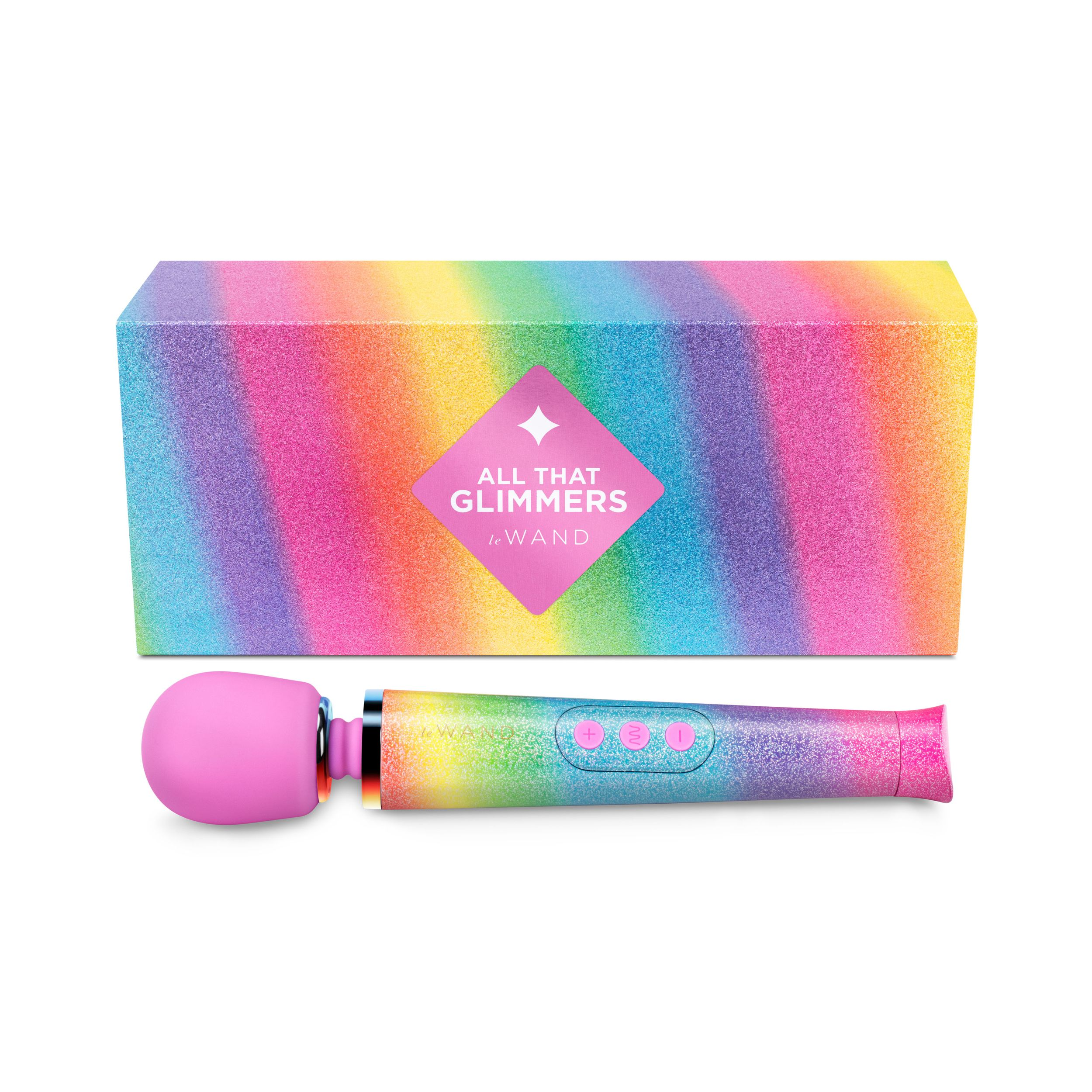 Ein farbenfroher Vibrator und eine passende Schachtel auf weißem Hintergrund. Auf der Schachtel steht 'All That Glimmers'.