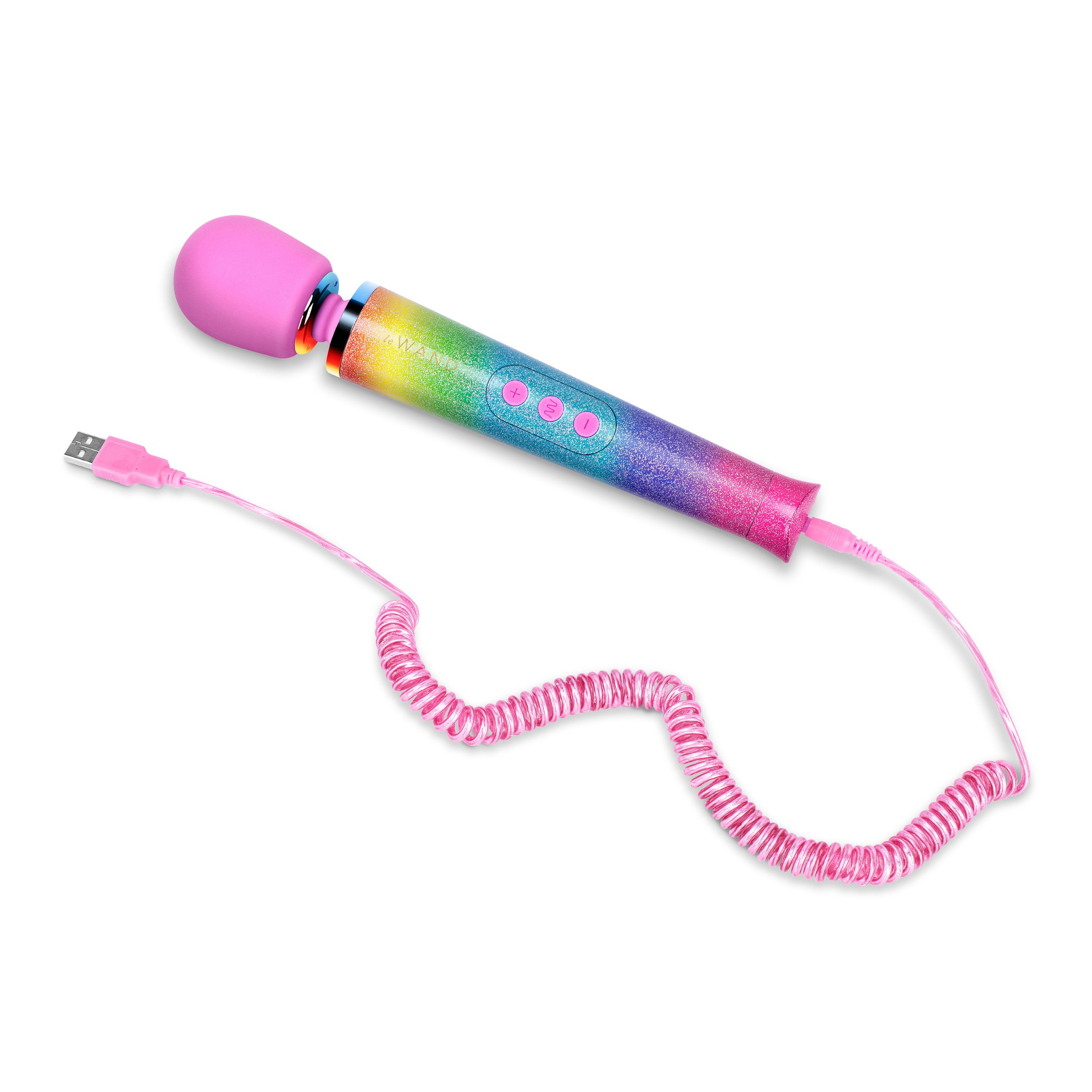 Ein pinkfarbener Vibrator mit Regenbogenfarbenem Griff und pinkfarbenem USB-Kabel, vor weißem Hintergrund.