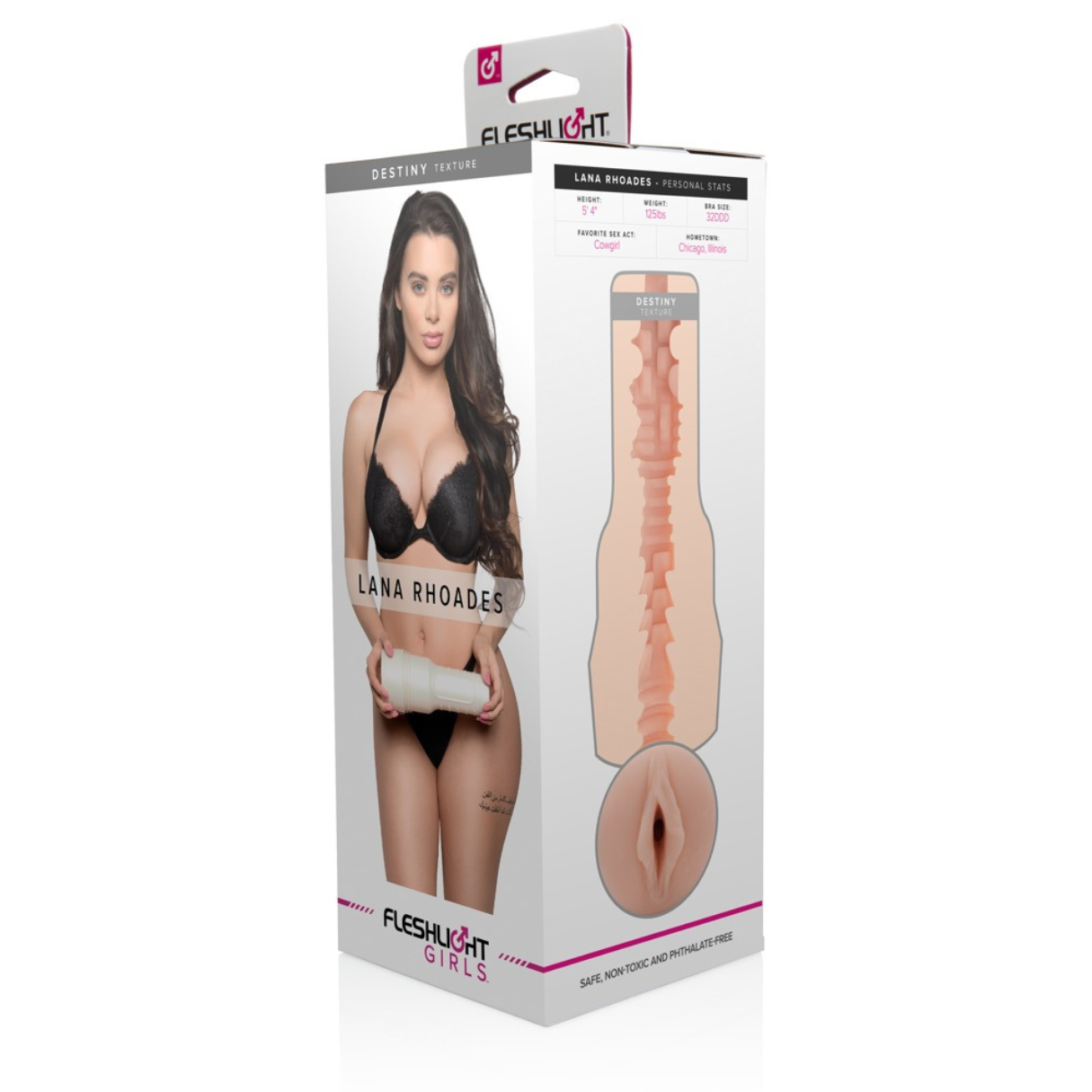 Die Box zeigt Lana Rhoades und eine Produktillustration. Sie enthält persönliche Daten, das Produkt ist als Fleshlight gekennzeichnet.