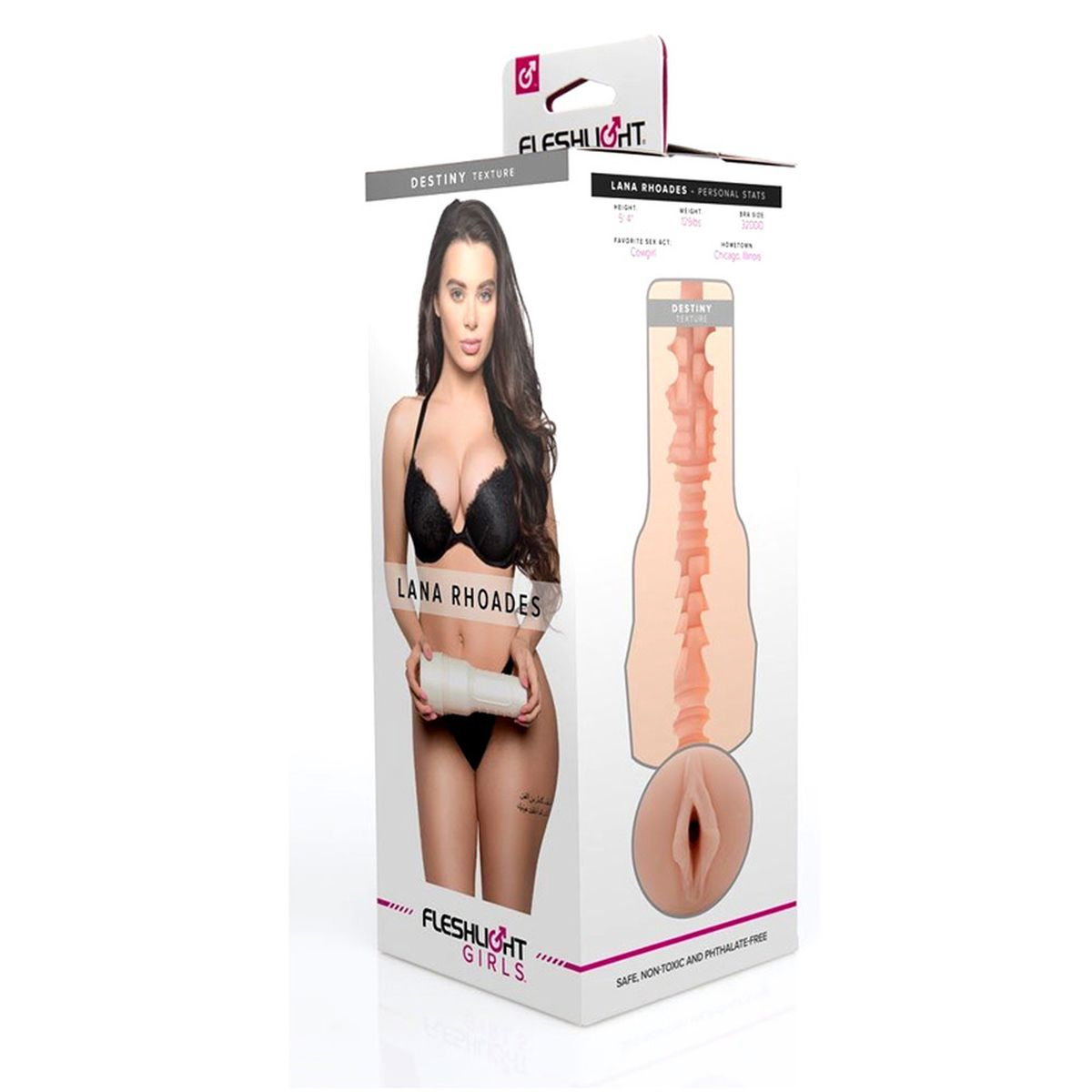 Eine Box mit einer Frau und einem Fleshlight-Produkt. Die Frau trägt Dessous. Die Box zeigt auch Produktdetails und Branding.