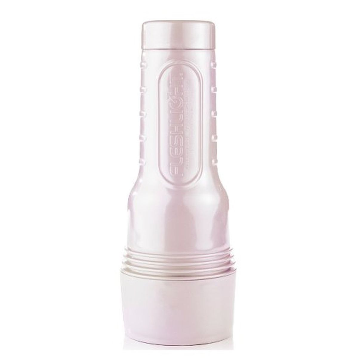 Ein weißes, zylindrisches Sexspielzeug mit dem Wort FLESHLIGHT darauf, das aufrecht auf weißem Hintergrund steht.