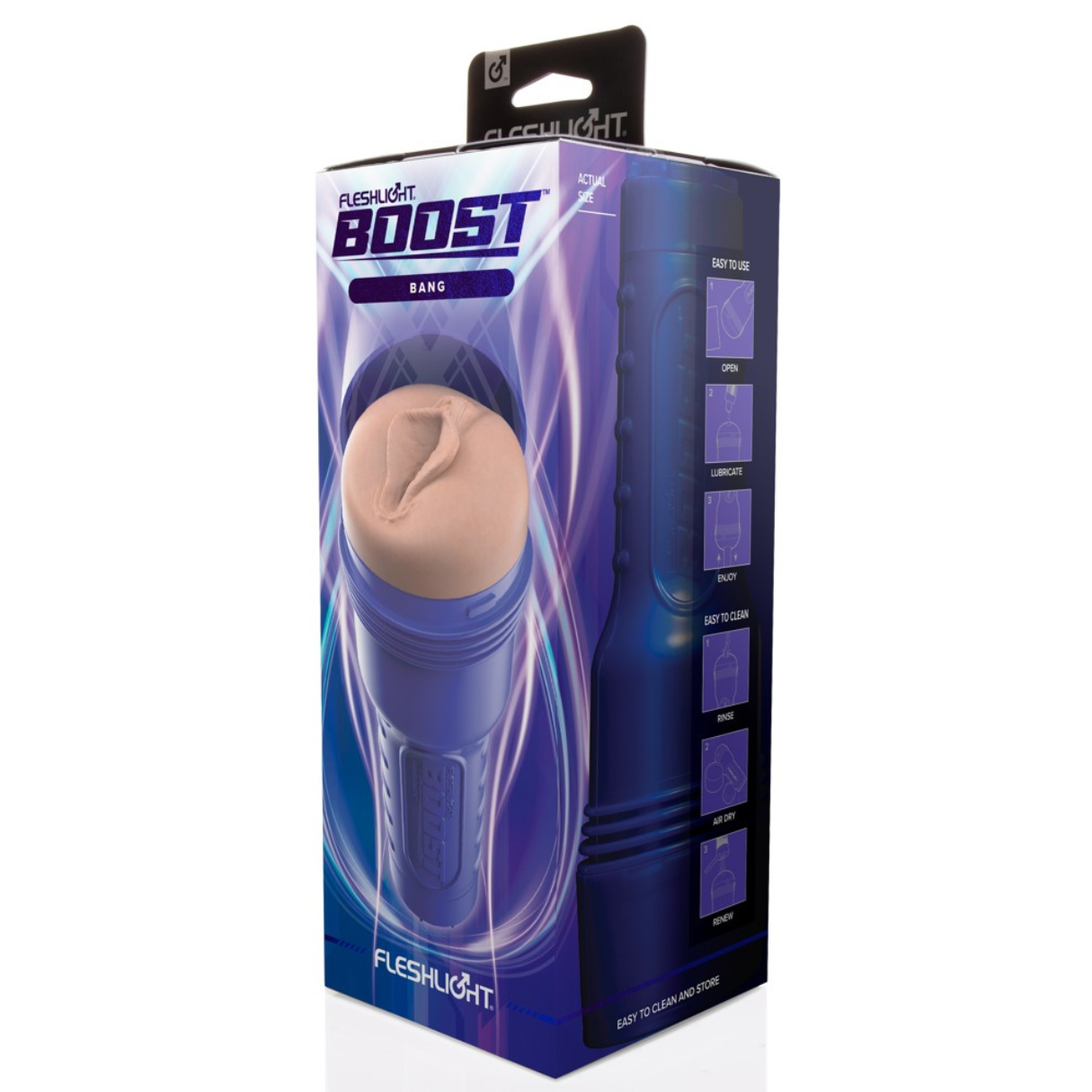Fleshlight Boost Bang Produktverpackung. Sie zeigt das Produkt und die Anweisungen. Das Produkt ist lila und hat einen hautfarbenen Innenraum.