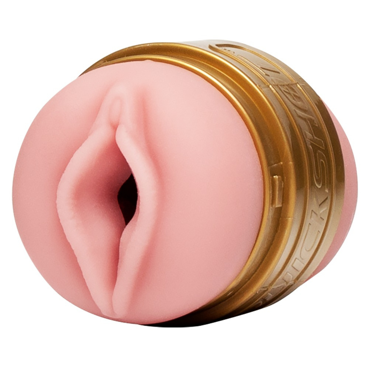 Ein rosafarbenes, fleischiges Spielzeug mit offenem Ende und einem goldenen Band in der Mitte. Die Öffnung ähnelt einer Vulva.