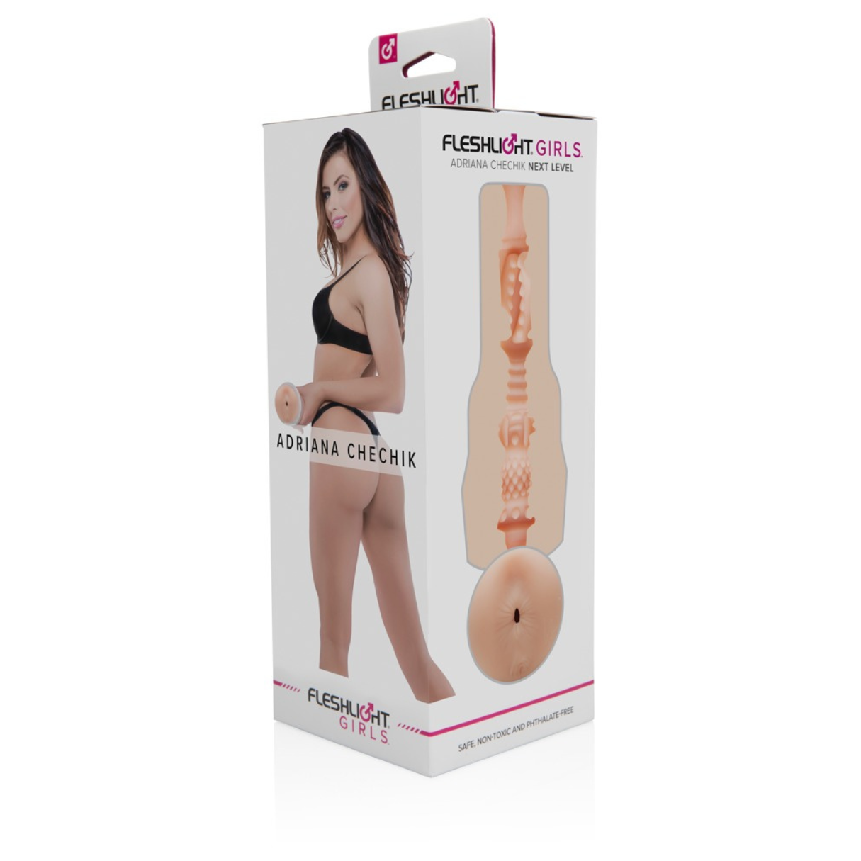 Schachtel mit einer Frau in Unterwäsche, die einen Fleshlight hält. Die Schachtel zeigt das Fleshlight-Produkt mit dem Bild der Frau.