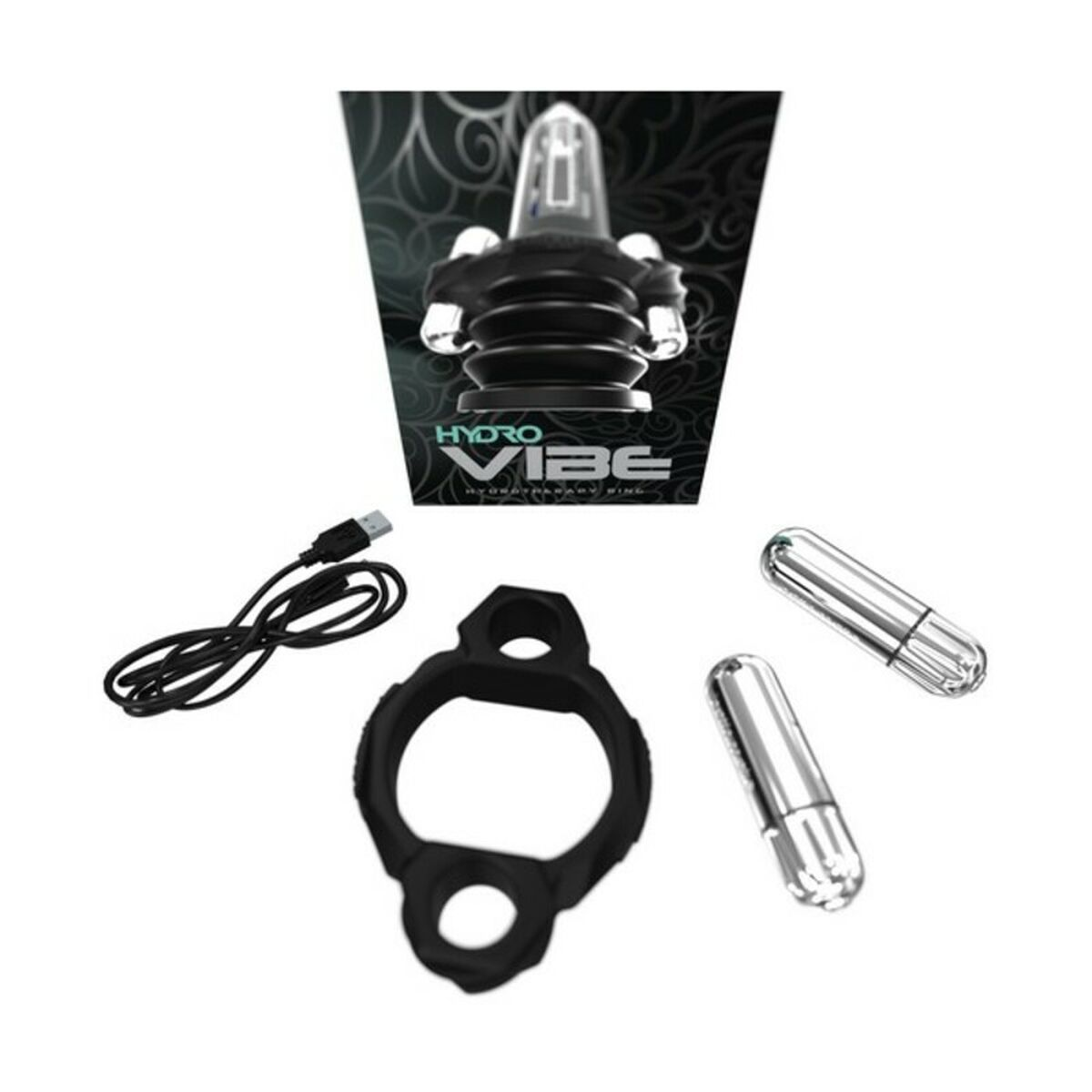 Ein Produktset mit schwarzem Sockel, zwei silbernen Zylindern, einem Ladekabel und einem schwarzen Ring. Auf der Box steht 'Hydro Vibe'.