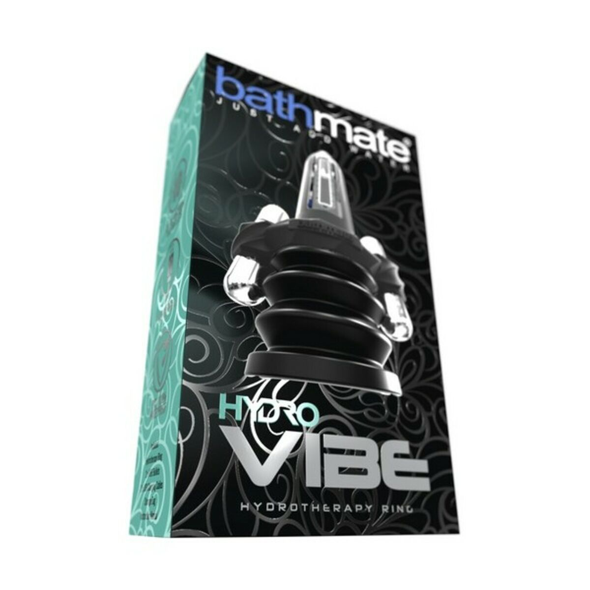 Eine Bathmate Hydro Vibe Produktbox. Sie hat ein schwarzes Design mit Hydro Vibe darauf. Das Produkt selbst ist sichtbar.
