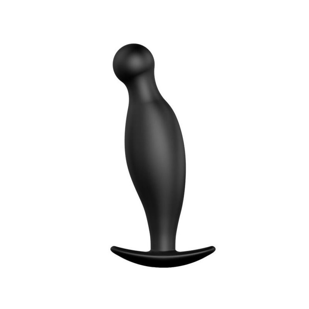Ein schwarzer Anus-Plug mit abgerundeter Oberseite, gebogenem Körper und T-förmiger Basis vor weißem Hintergrund.