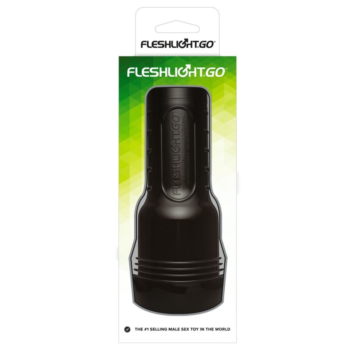 Ein schwarzes Sexspielzeug befindet sich in seiner Verpackung mit der Aufschrift 'FLESHLIGHT.GO'. Die Verpackung hat ein grünes, geometrisches Muster und den Text 'THE #1 SELLING MALE SEX TOY'.