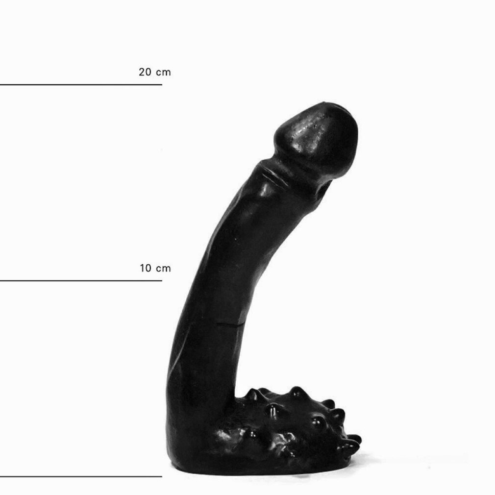 Ein schwarzes Sexspielzeug in Form eines Penis steht auf weißem Hintergrund. Es hat eine raue Basis und eine glatte Oberseite.