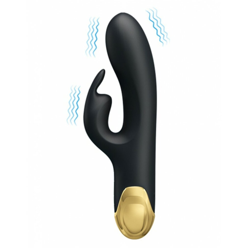Ein schwarzes Sexspielzeug mit goldener Basis und wellenförmigen blauen Linien, die Vibrationen suggerieren. Es hat ein gebogenes, ergonomisches Design.