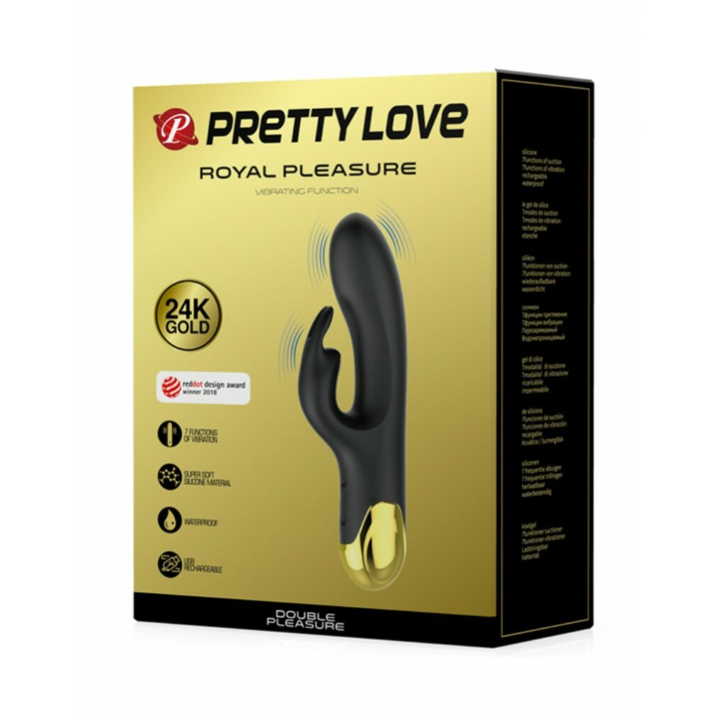Ein schwarz-goldener Pretty Love Royal Pleasure Vibrator wird auf einer Box mit Text und Symbolen angezeigt.