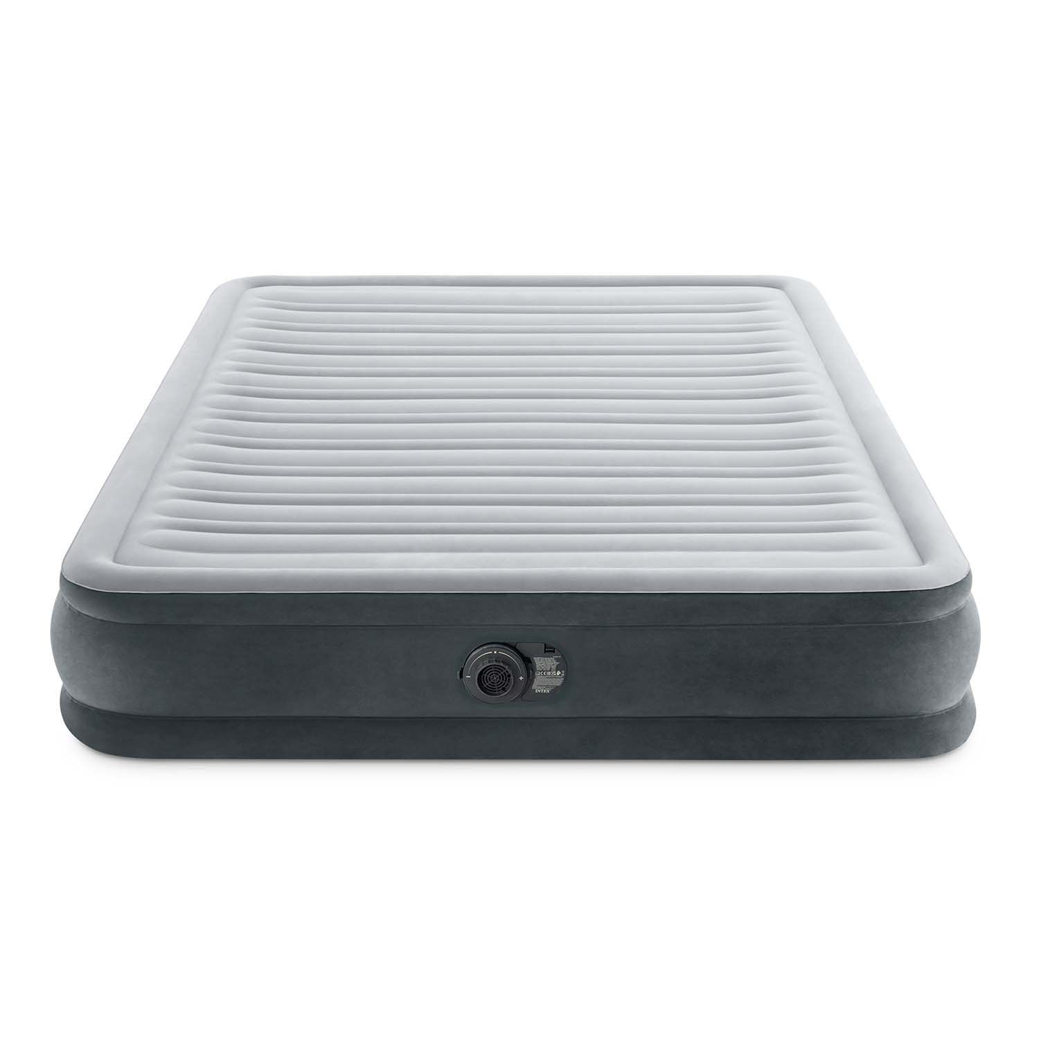 Nadmuchiwany materac, szary wierzch z żebrowanym wzorem, ciemnoszare boki. Zawór jest widoczny z boku.