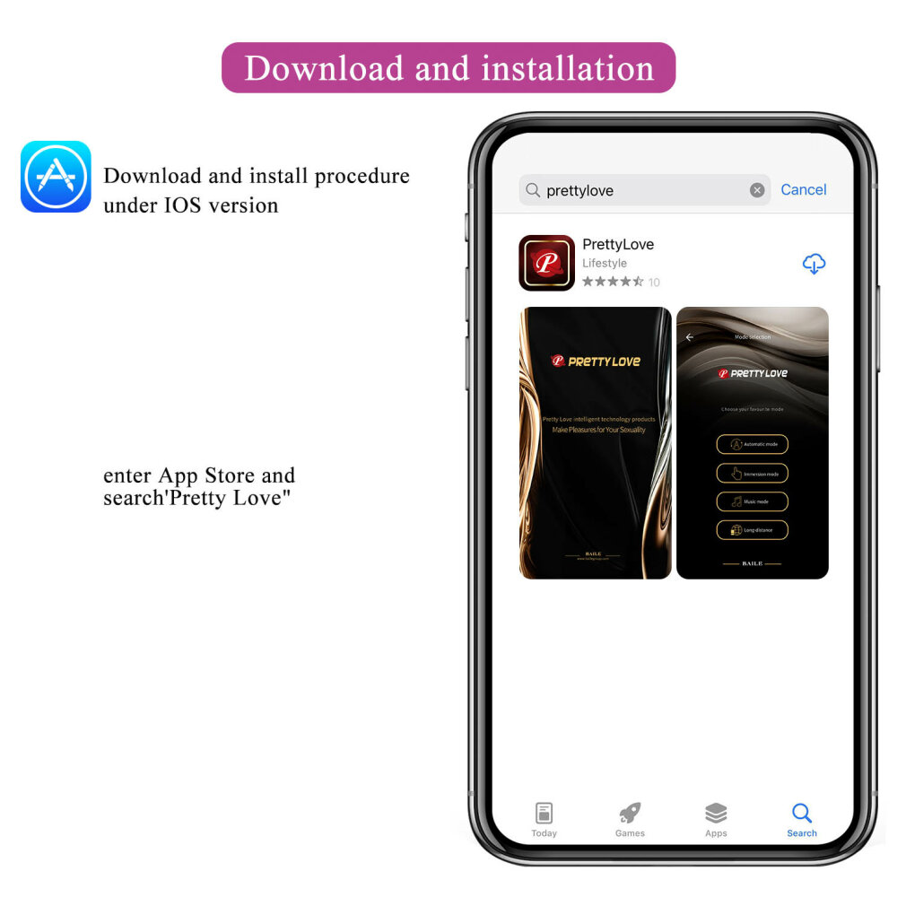 Telefon zeigt Pretty Love App-Download-Anweisungen. Suchleiste zeigt 'prettylove'. App Store-Oberfläche sichtbar.
