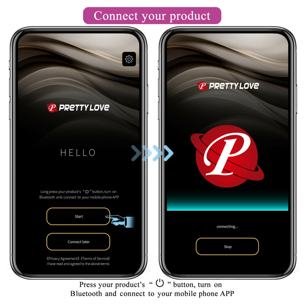 Zwei Telefone zeigen einen Verbindungsvorgang an. Das erste zeigt eine Starttaste, das zweite das Pretty Love Logo und den Text „Verbinden“.