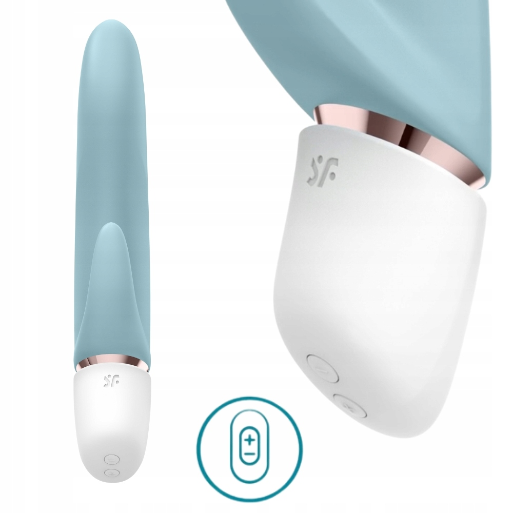 Niebiesko-biała zabawka erotyczna. Ma zaokrągloną końcówkę i podstawę, ze złotymi akcentami. Dołączony jest symbol baterii.