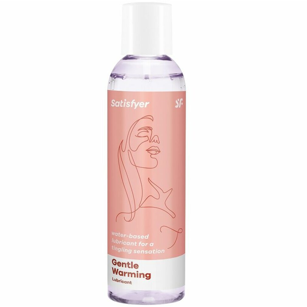 Eine Flasche 'Gentle Warming Lubricant' von Satisfyer. Es ist ein wasserbasiertes Gleitmittel für ein prickelndes Gefühl, mit pinkfarbenem Etikett.
